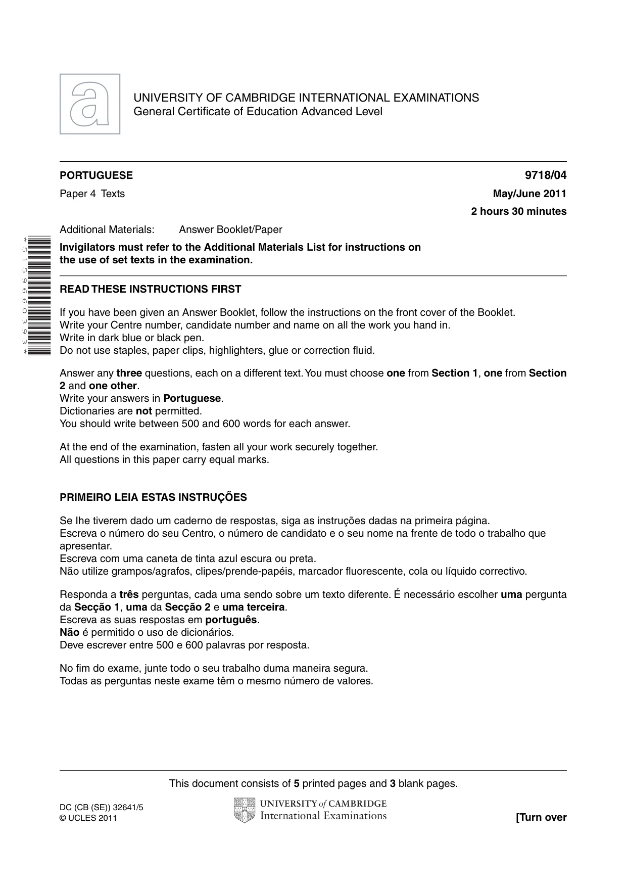 Cambridge A Level Portuguese (A Level only) 9718 2011 May/June Paper 4 · Variant 1 question paper, page 1 of 8