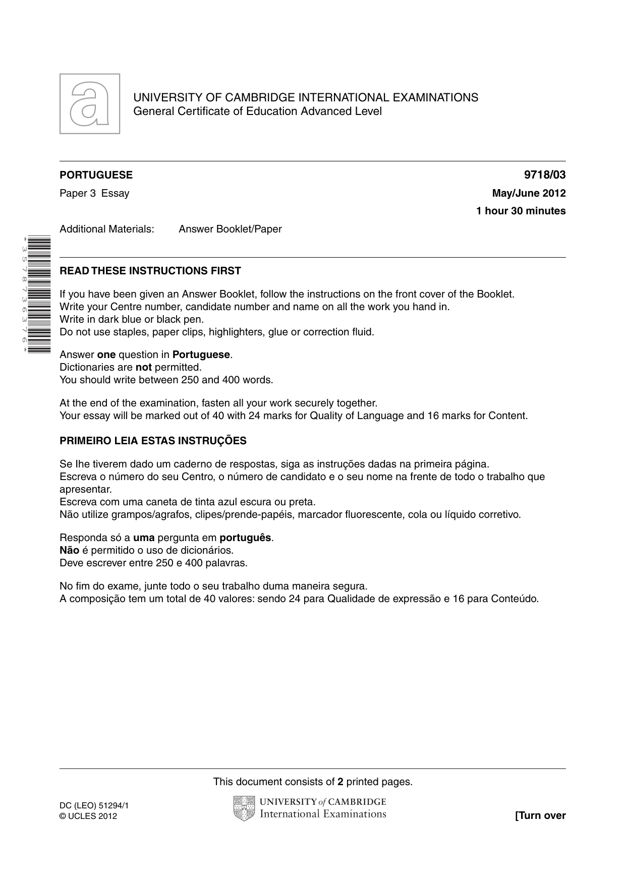 Cambridge A Level Portuguese (A Level only) 9718 2012 May/June Paper 3 · Variant 1 question paper, page 1 of 2