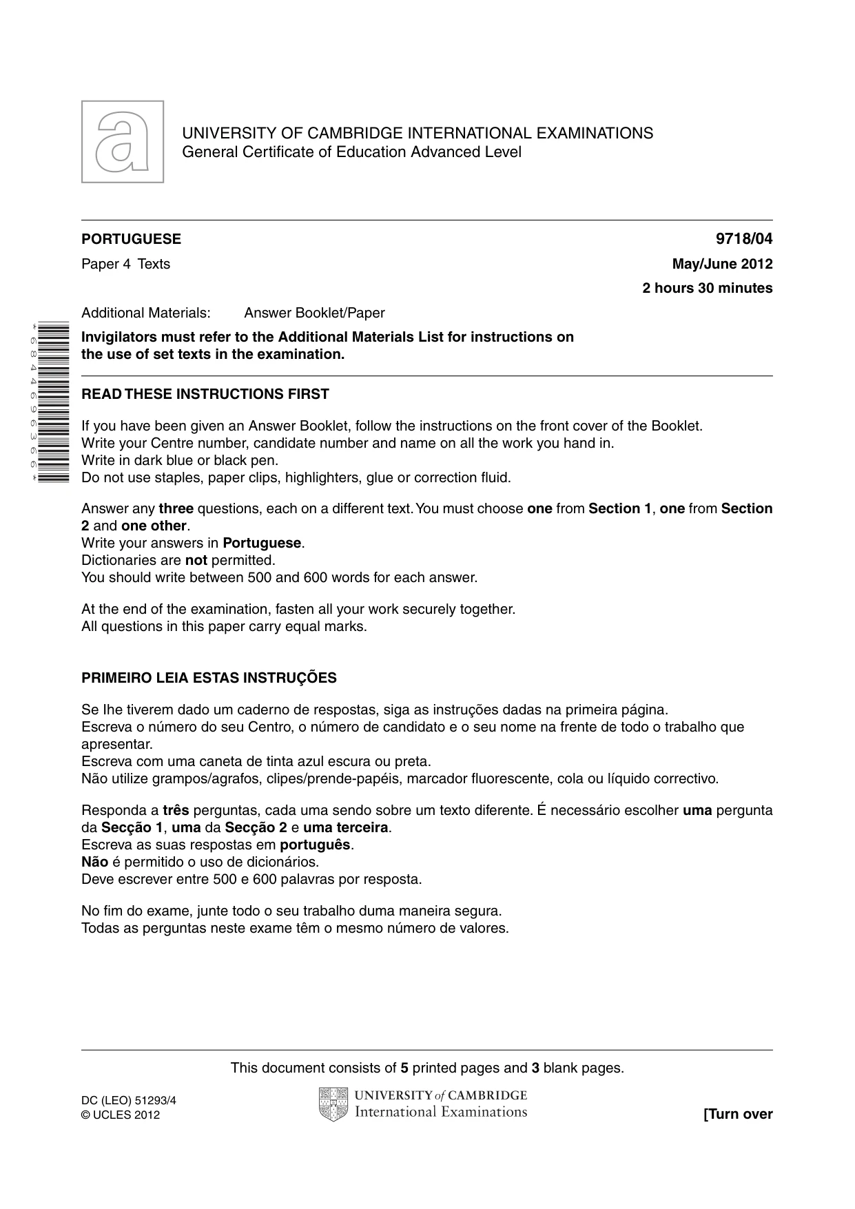 Cambridge A Level Portuguese (A Level only) 9718 2012 May/June Paper 4 · Variant 1 question paper, page 1 of 8