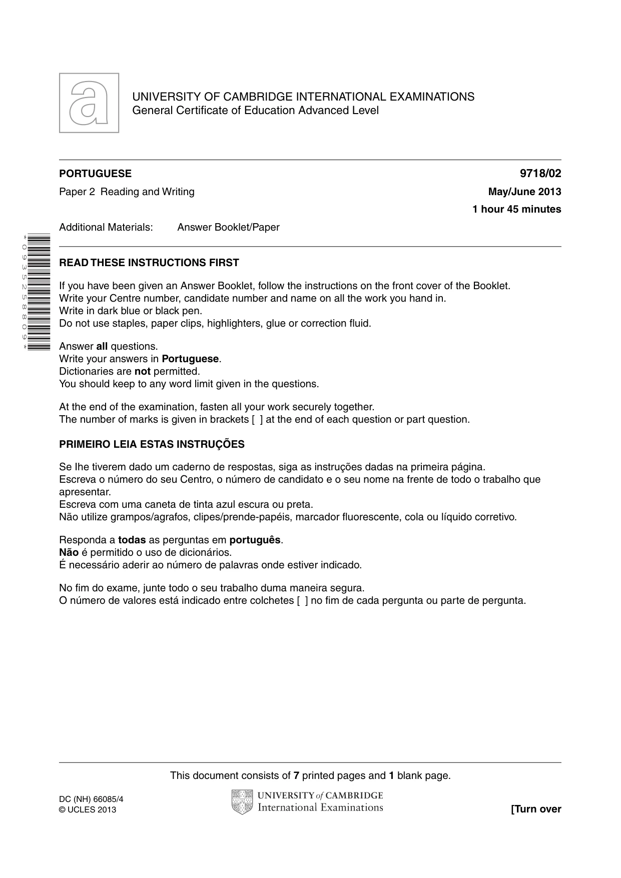 Cambridge A Level Portuguese (A Level only) 9718 2013 May/June Paper 2 · Variant 1 question paper, page 1 of 8