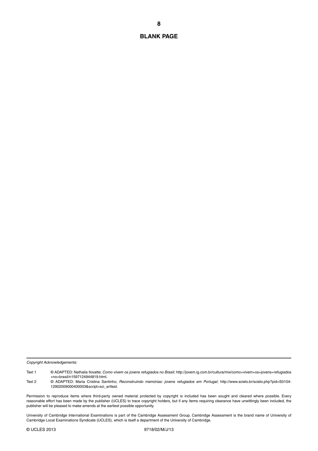 Cambridge A Level Portuguese (A Level only) 9718 2013 May/June Paper 2 · Variant 1 question paper, page 8 of 8