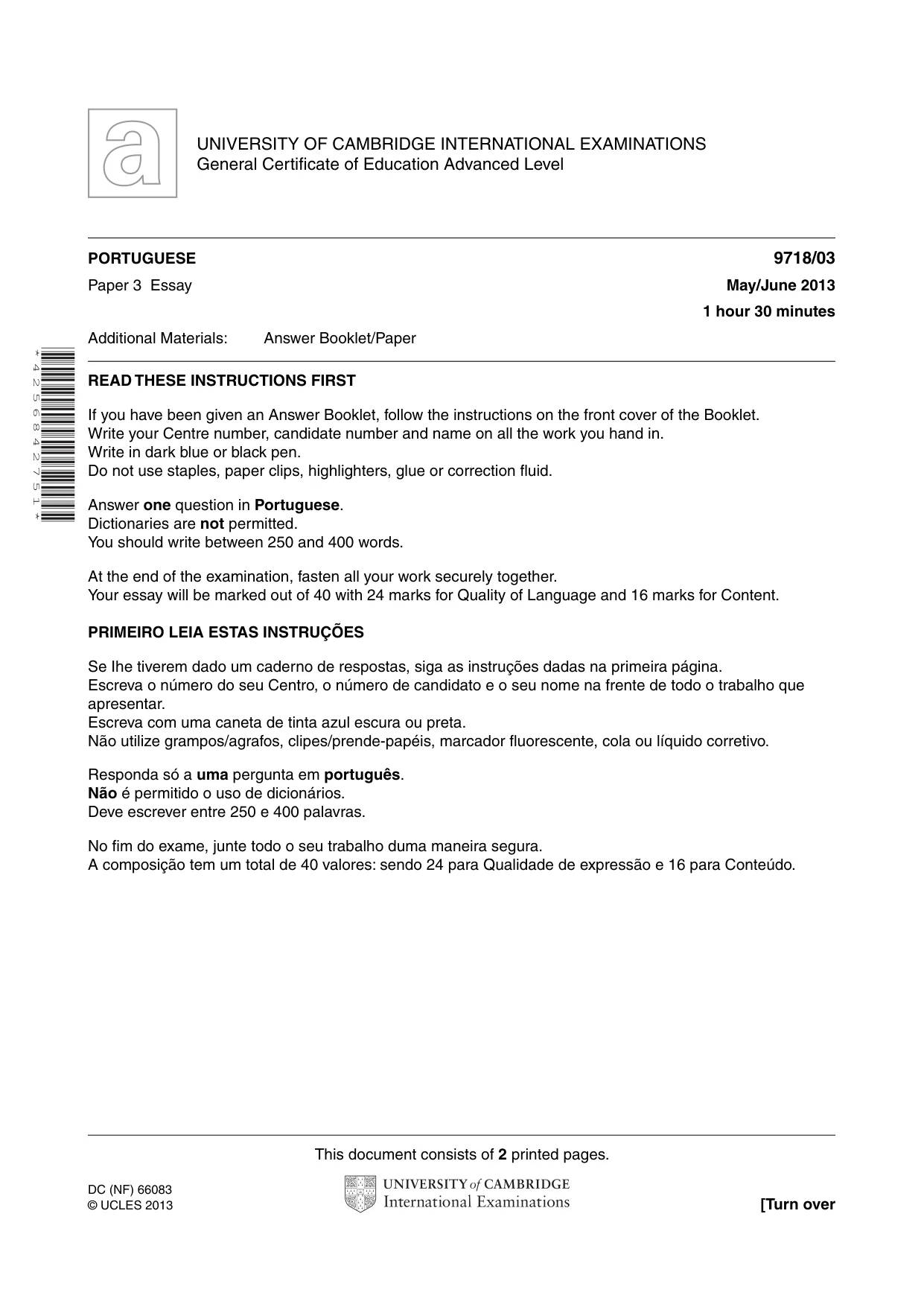 Cambridge A Level Portuguese (A Level only) 9718 2013 May/June Paper 3 · Variant 1 question paper, page 1 of 2