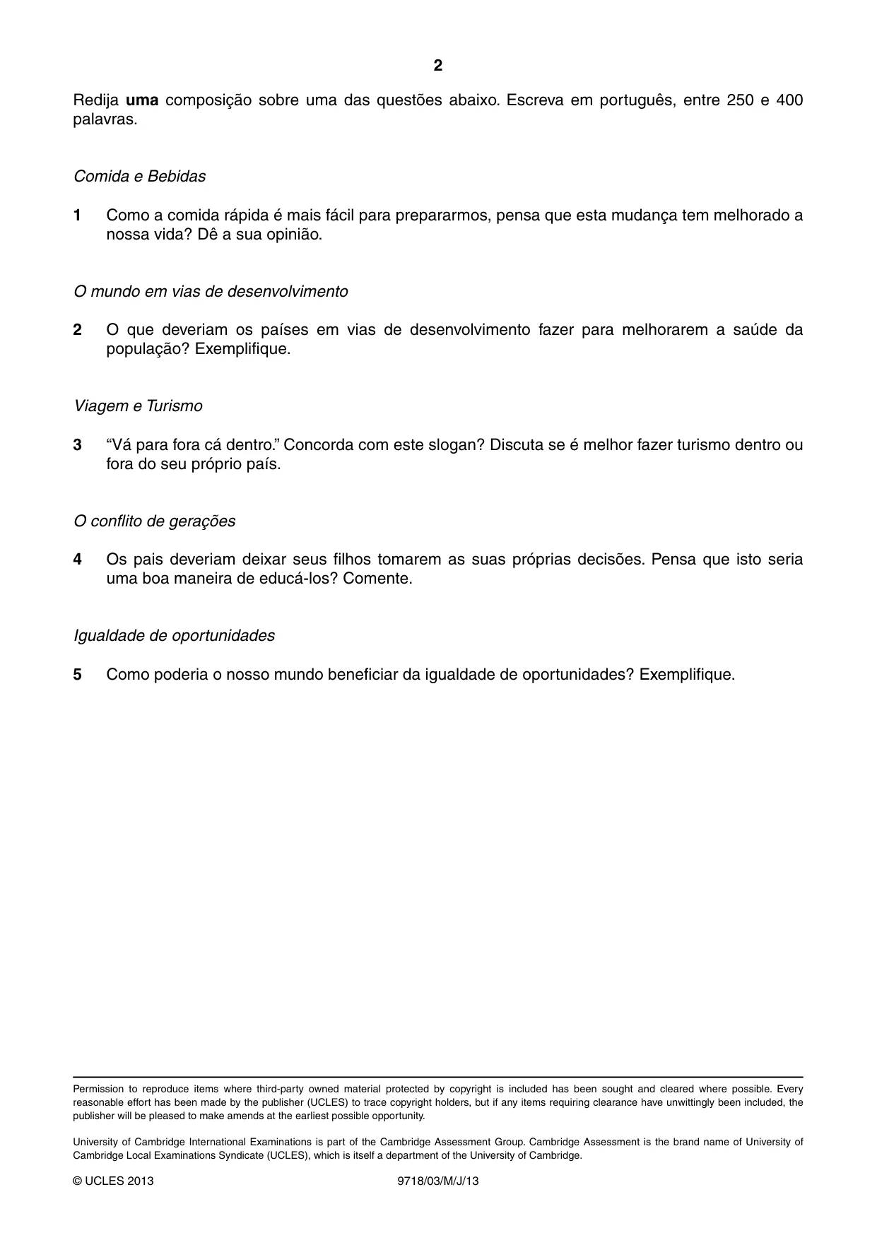 Cambridge A Level Portuguese (A Level only) 9718 2013 May/June Paper 3 · Variant 1 question paper, page 2 of 2