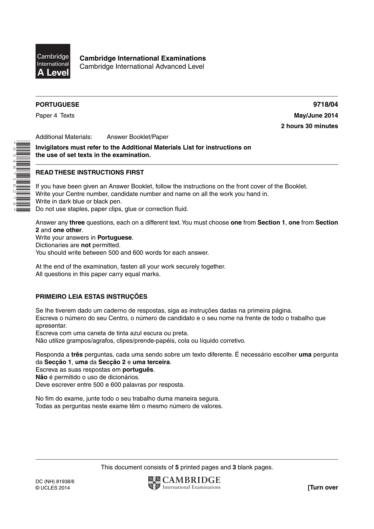 Cambridge A Level Portuguese (A Level only) 9718 2014 May/June Paper 4 · Variant 1 question paper, page 1 of 8
