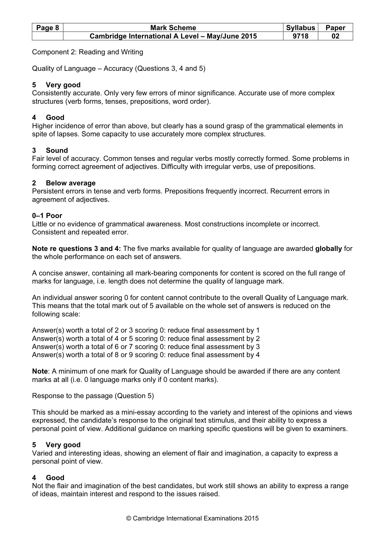 Mark scheme, page 8 of 9