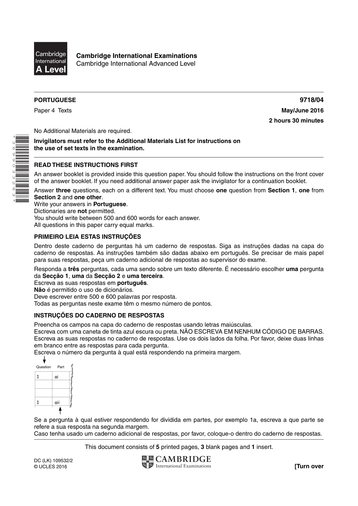 Cambridge A Level Portuguese (A Level only) 9718 2016 May/June Paper 4 · Variant 0 question paper, page 1 of 8