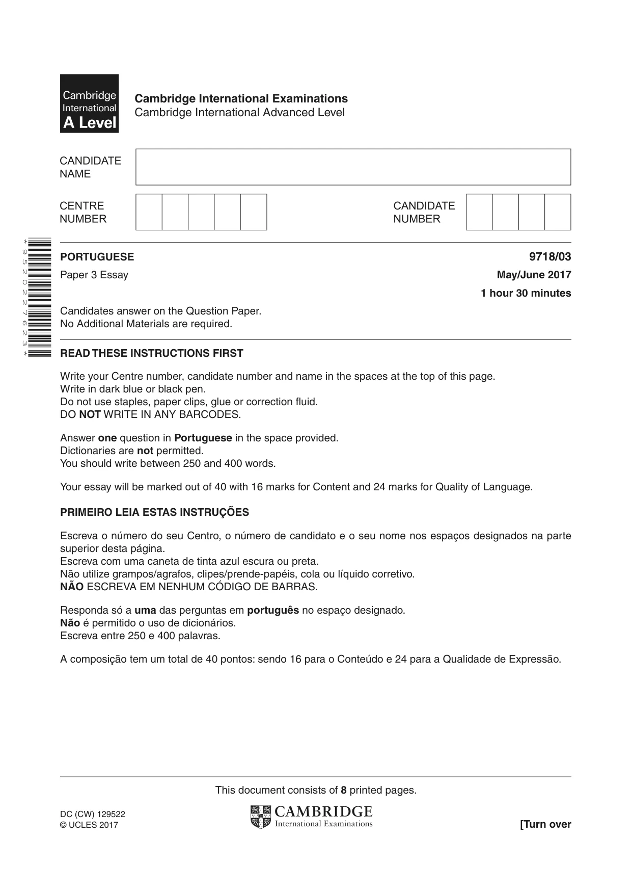 Cambridge A Level Portuguese (A Level only) 9718 2017 May/June Paper 3 · Variant 1 question paper, page 1 of 8