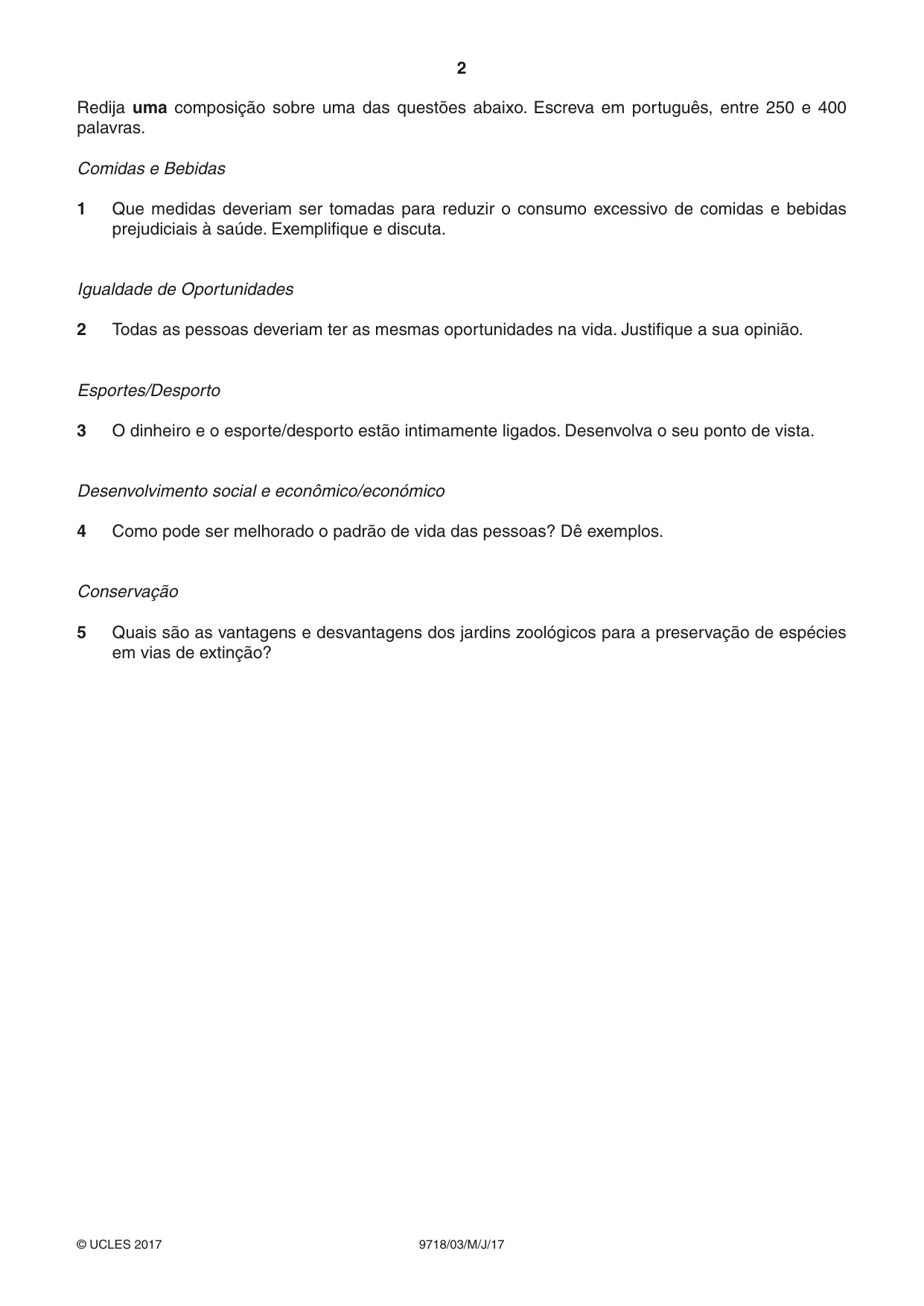 Cambridge A Level Portuguese (A Level only) 9718 2017 May/June Paper 3 · Variant 1 question paper, page 2 of 8
