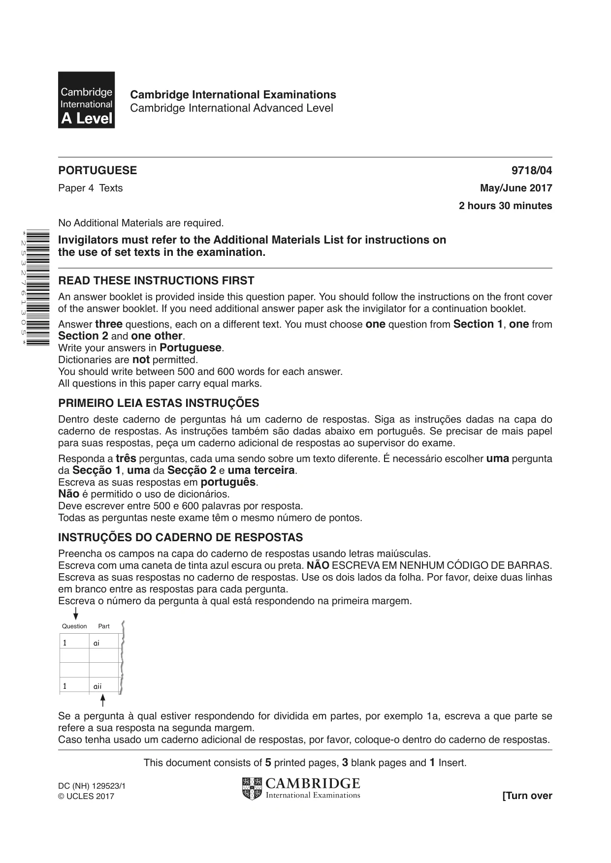 Cambridge A Level Portuguese (A Level only) 9718 2017 May/June Paper 4 · Variant 1 question paper, page 1 of 8