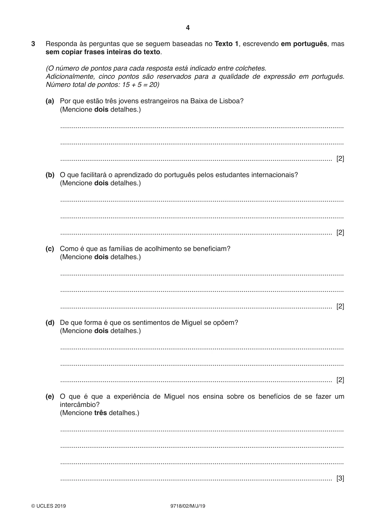 Cambridge A Level Portuguese (A Level only) 9718 2019 May/June Paper 2 · Variant 1 question paper, page 4 of 12