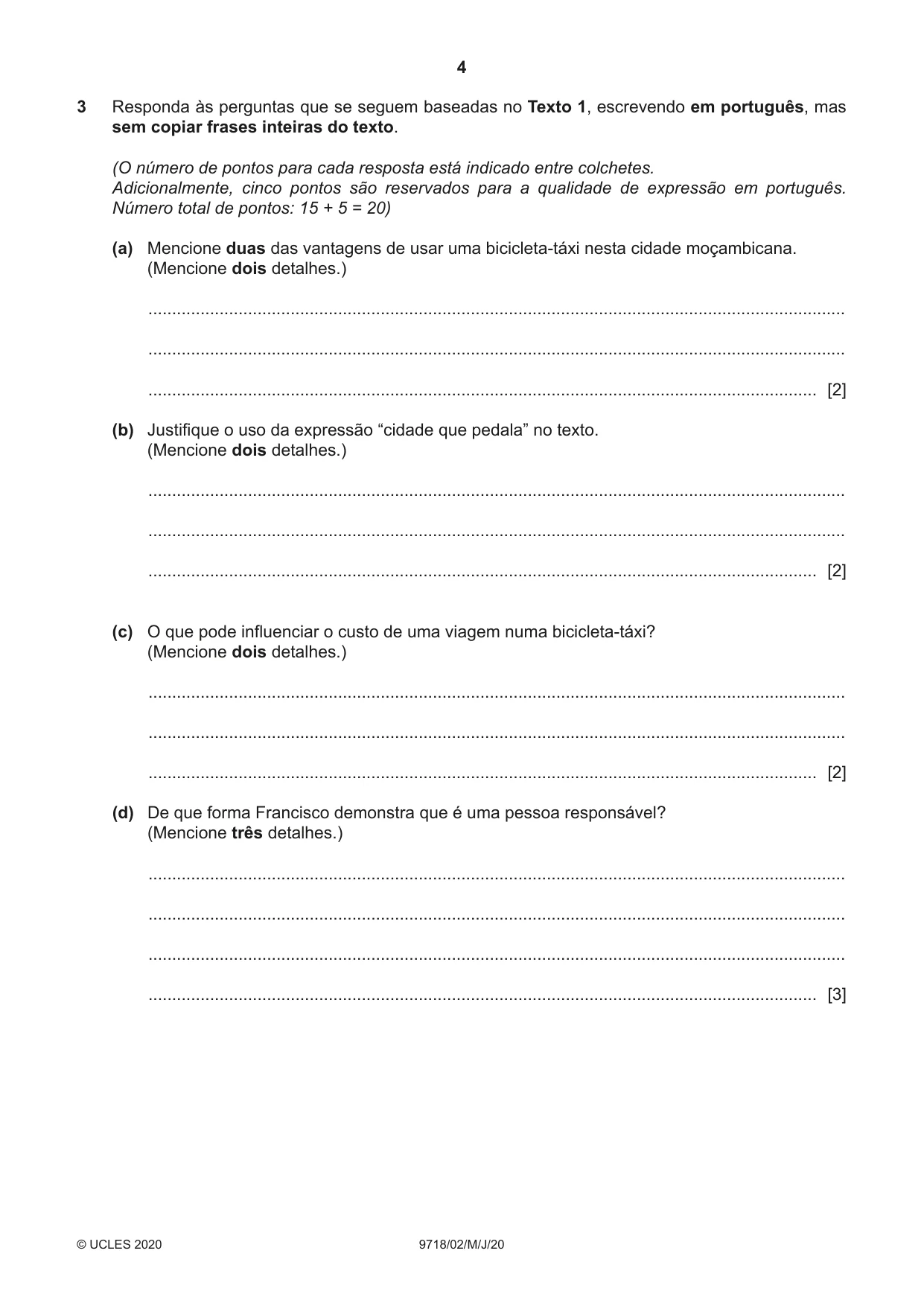 Cambridge A Level Portuguese (A Level only) 9718 2020 May/June Paper 2 · Variant 0 question paper, page 4 of 12