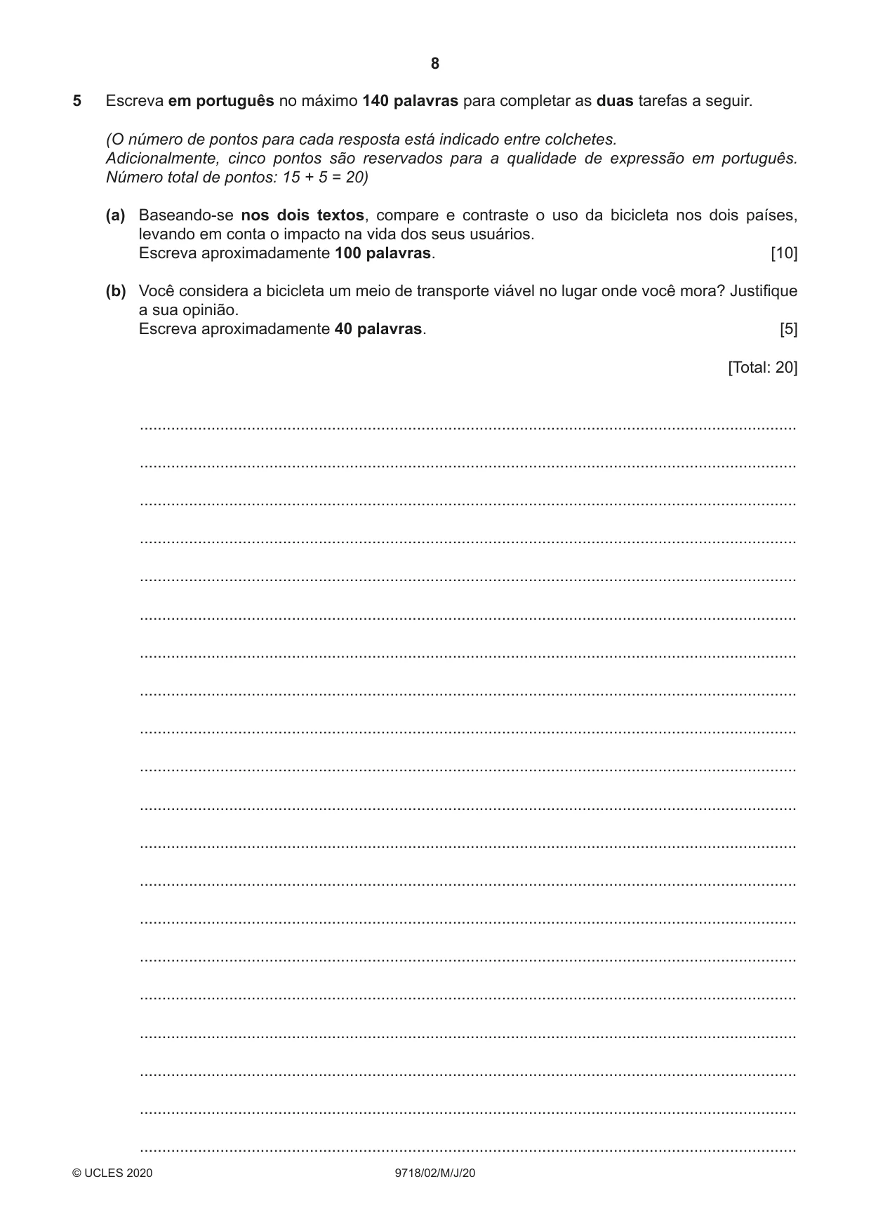 Cambridge A Level Portuguese (A Level only) 9718 2020 May/June Paper 2 · Variant 0 question paper, page 8 of 12