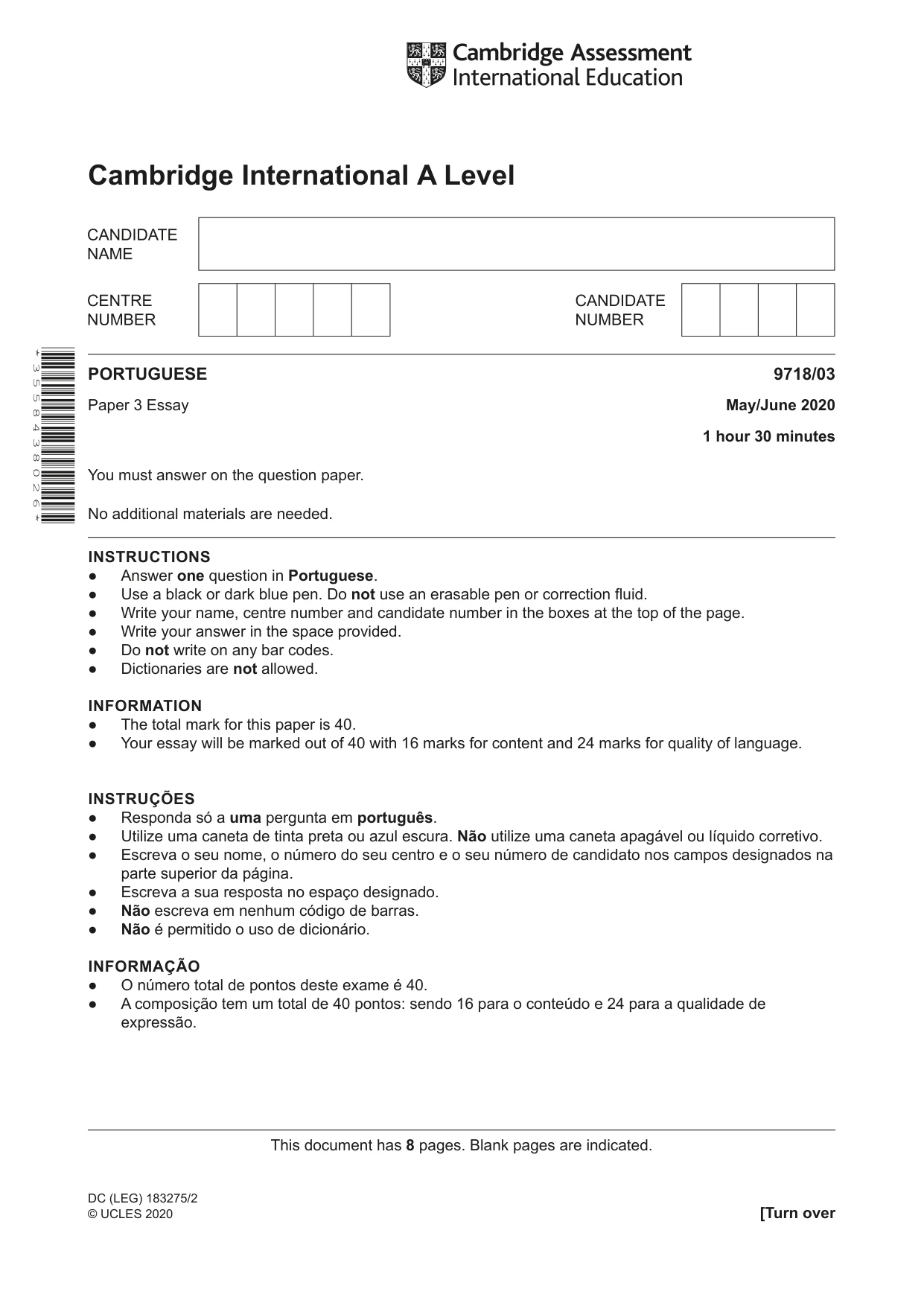 Cambridge A Level Portuguese (A Level only) 9718 2020 May/June Paper 3 · Variant 0 question paper, page 1 of 8