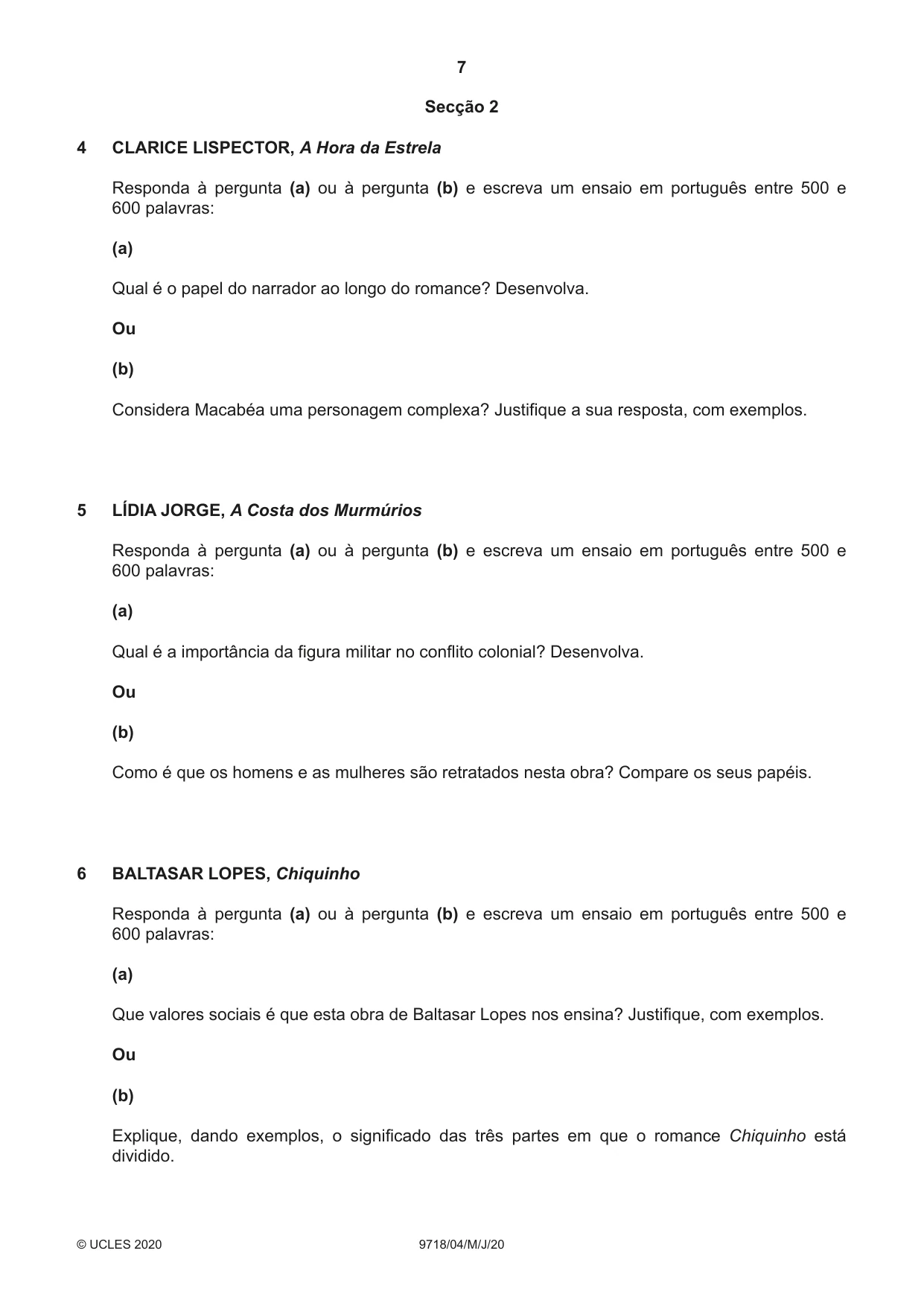 Cambridge A Level Portuguese (A Level only) 9718 2020 May/June Paper 4 · Variant 0 question paper, page 7 of 8