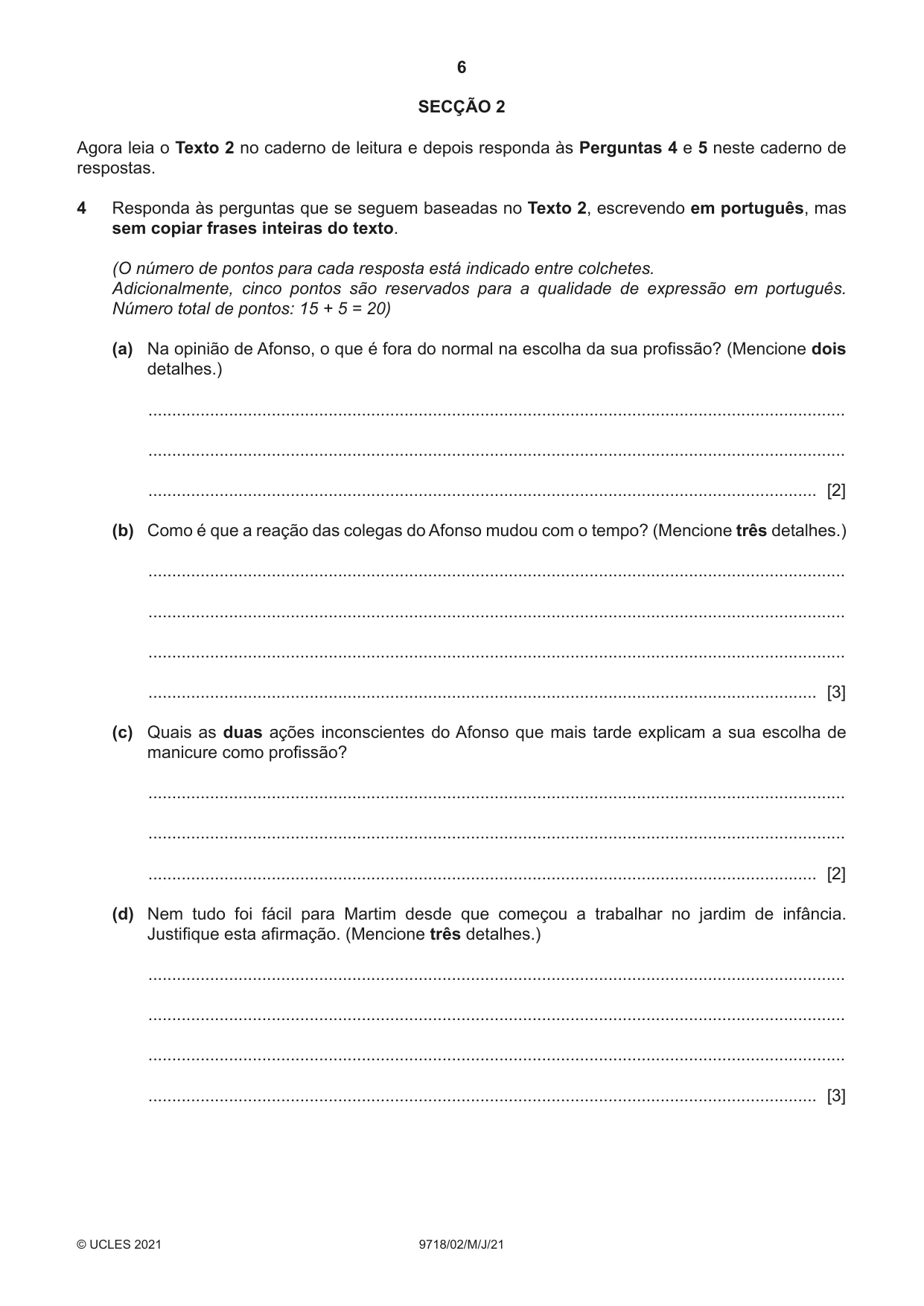 Cambridge A Level Portuguese (A Level only) 9718 2021 May/June Paper 2 · Variant 0 question paper, page 6 of 12