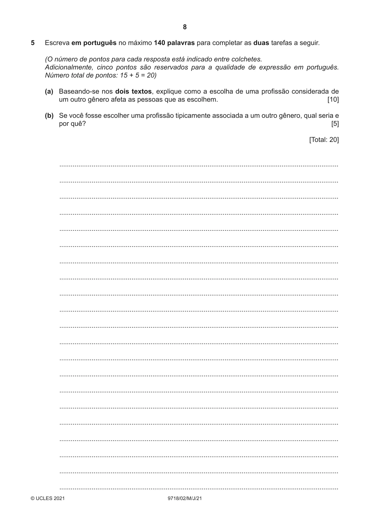 Cambridge A Level Portuguese (A Level only) 9718 2021 May/June Paper 2 · Variant 0 question paper, page 8 of 12