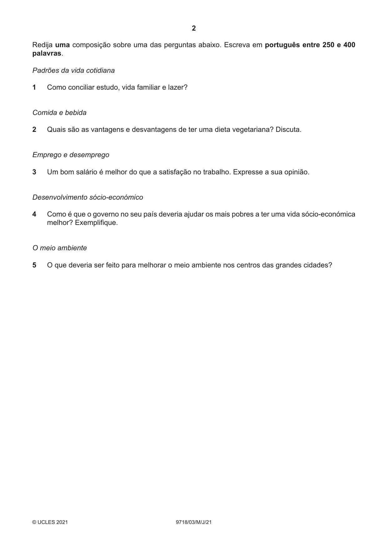 Cambridge A Level Portuguese (A Level only) 9718 2021 May/June Paper 3 · Variant 0 question paper, page 2 of 8