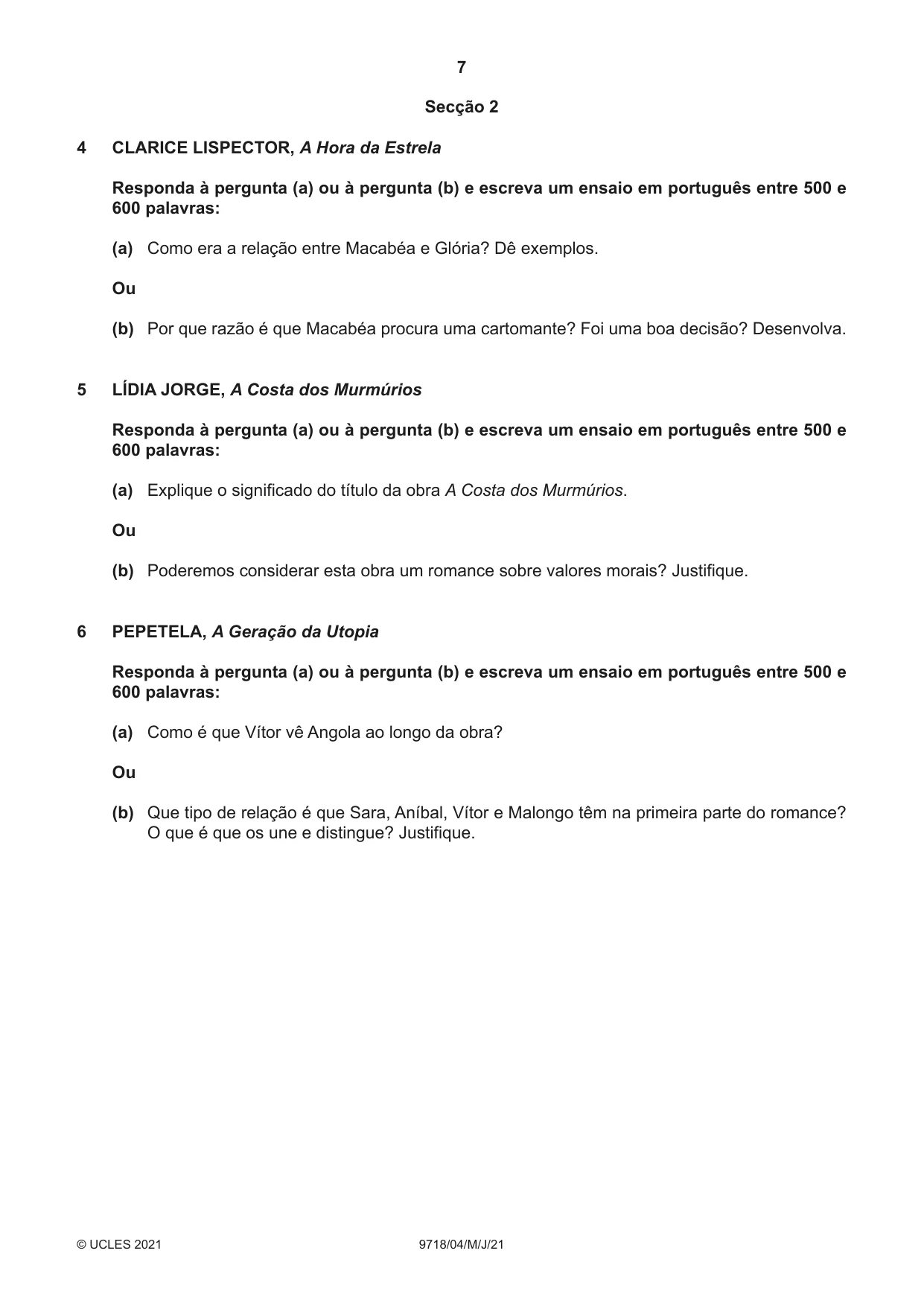 Cambridge A Level Portuguese (A Level only) 9718 2021 May/June Paper 4 · Variant 0 question paper, page 7 of 8