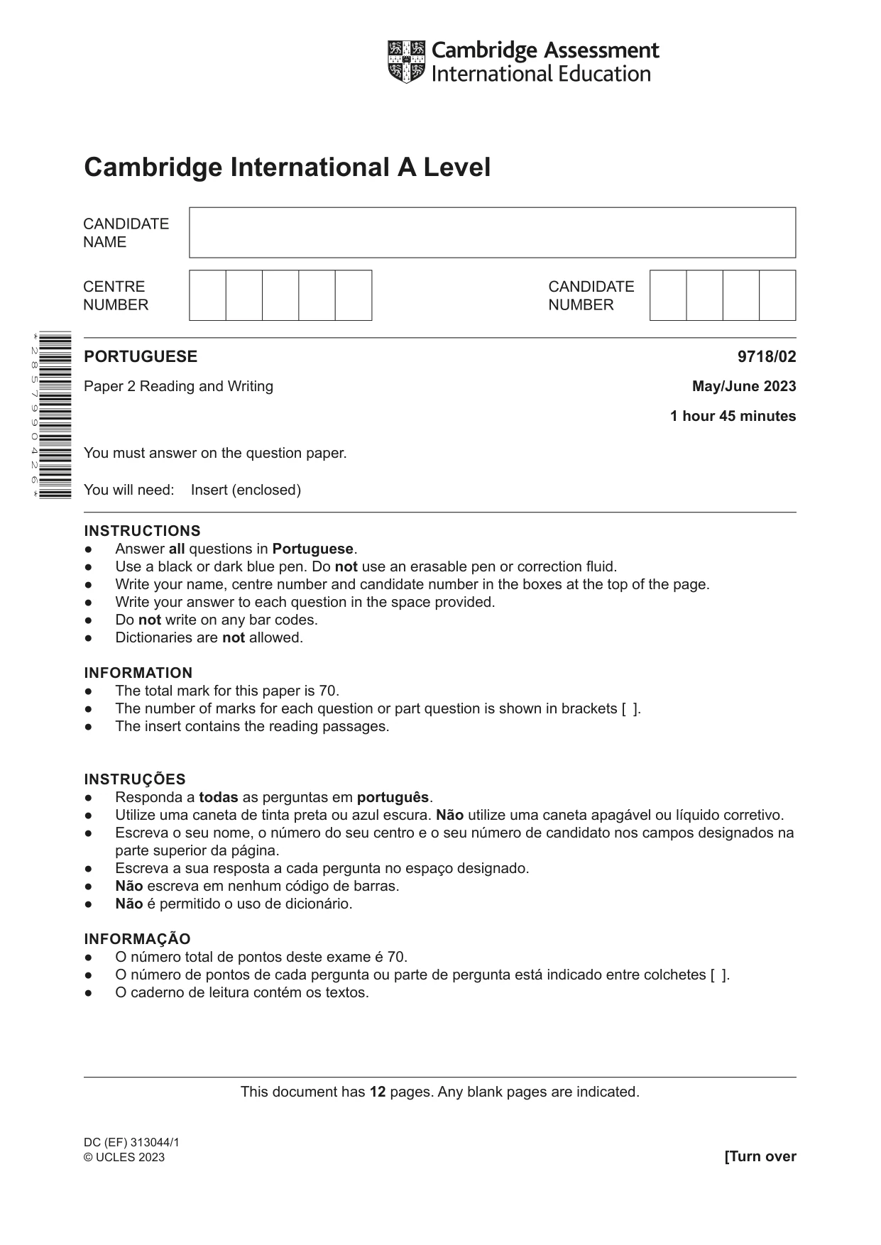 Cambridge A Level Portuguese (A Level only) 9718 2023 May/June Paper 2 · Variant 0 question paper, page 1 of 12