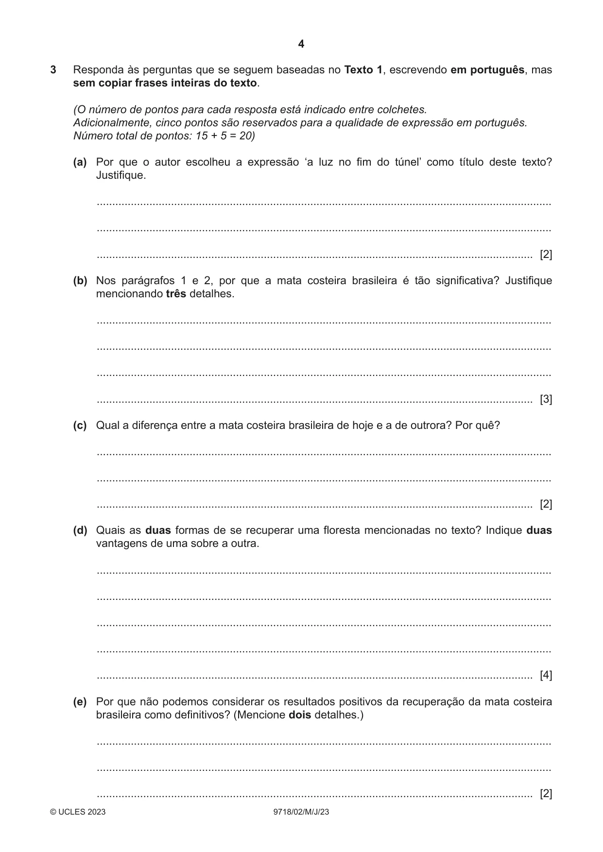 Cambridge A Level Portuguese (A Level only) 9718 2023 May/June Paper 2 · Variant 0 question paper, page 4 of 12