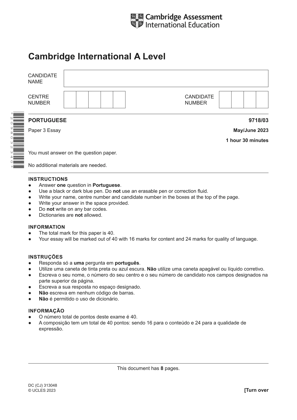 Cambridge A Level Portuguese (A Level only) 9718 2023 May/June Paper 3 · Variant 0 question paper, page 1 of 8