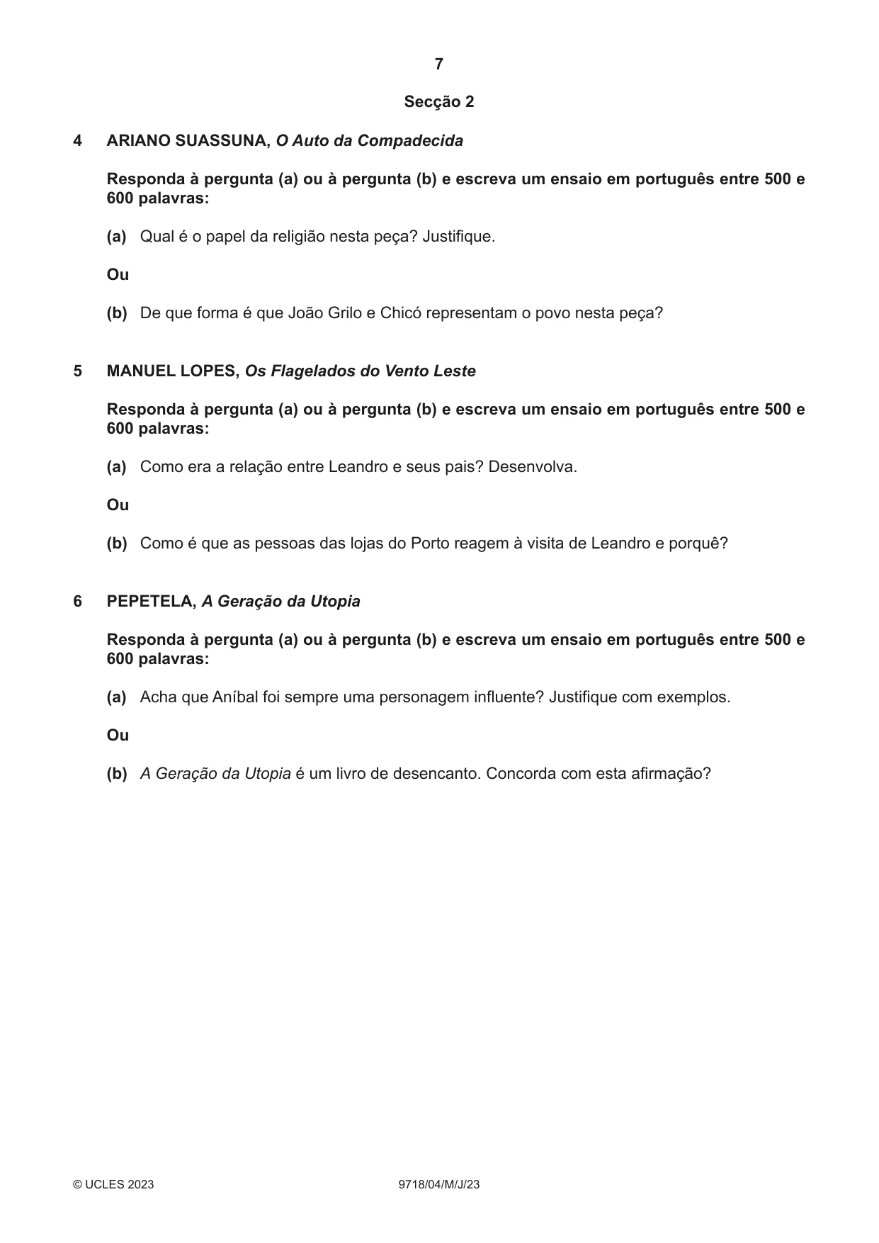 Cambridge A Level Portuguese (A Level only) 9718 2023 May/June Paper 4 · Variant 0 question paper, page 7 of 8
