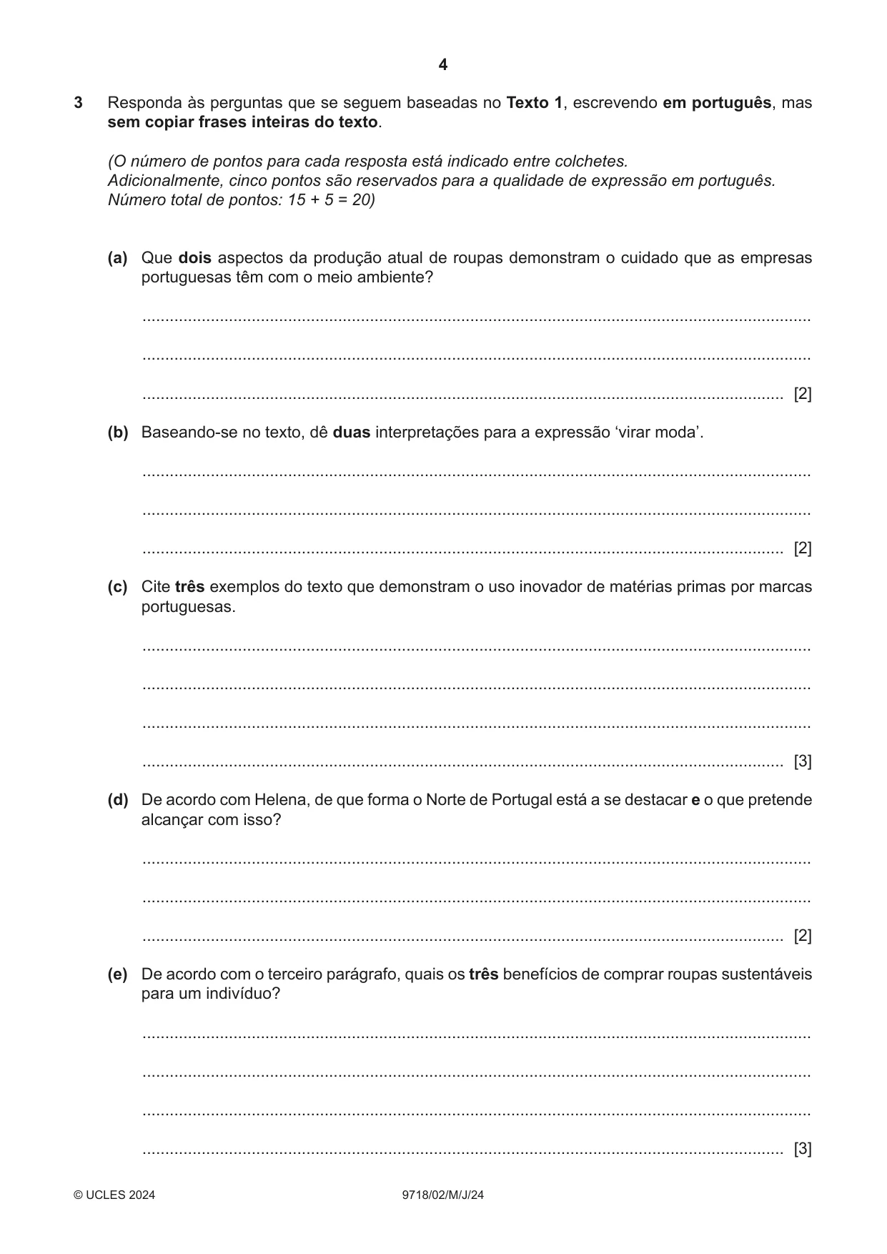Cambridge A Level Portuguese (A Level only) 9718 2024 May/June Paper 2 · Variant 0 question paper, page 4 of 12