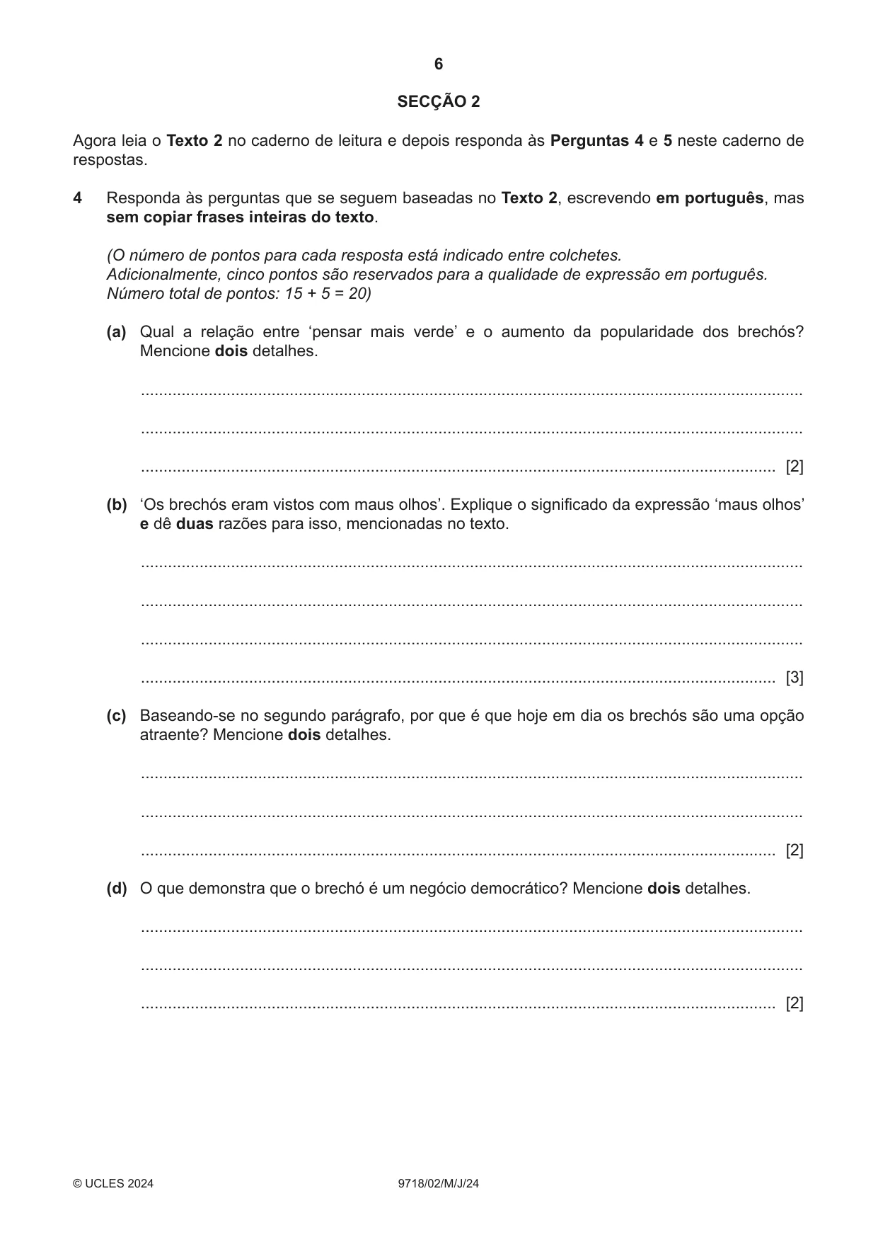 Cambridge A Level Portuguese (A Level only) 9718 2024 May/June Paper 2 · Variant 0 question paper, page 6 of 12