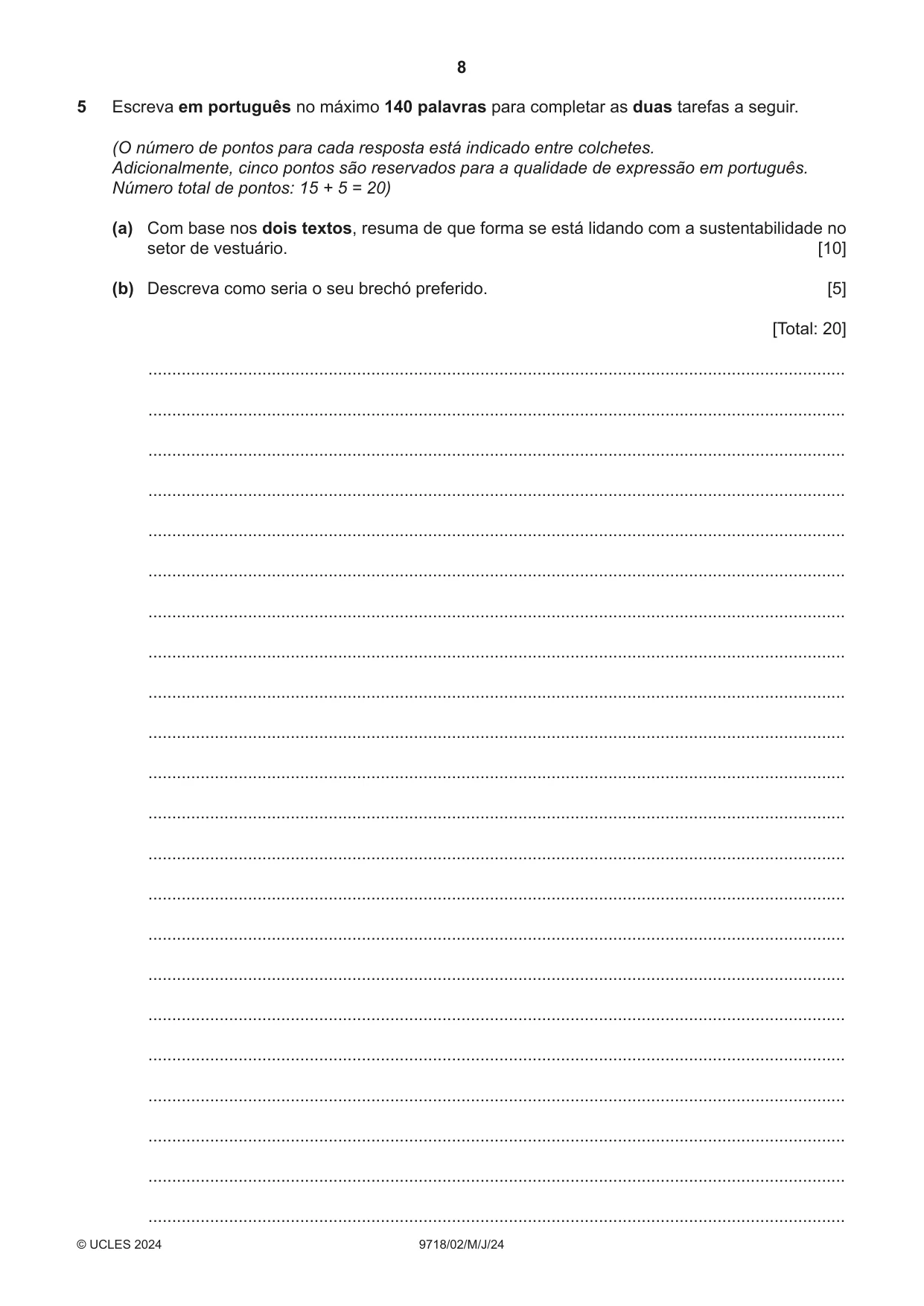 Cambridge A Level Portuguese (A Level only) 9718 2024 May/June Paper 2 · Variant 0 question paper, page 8 of 12
