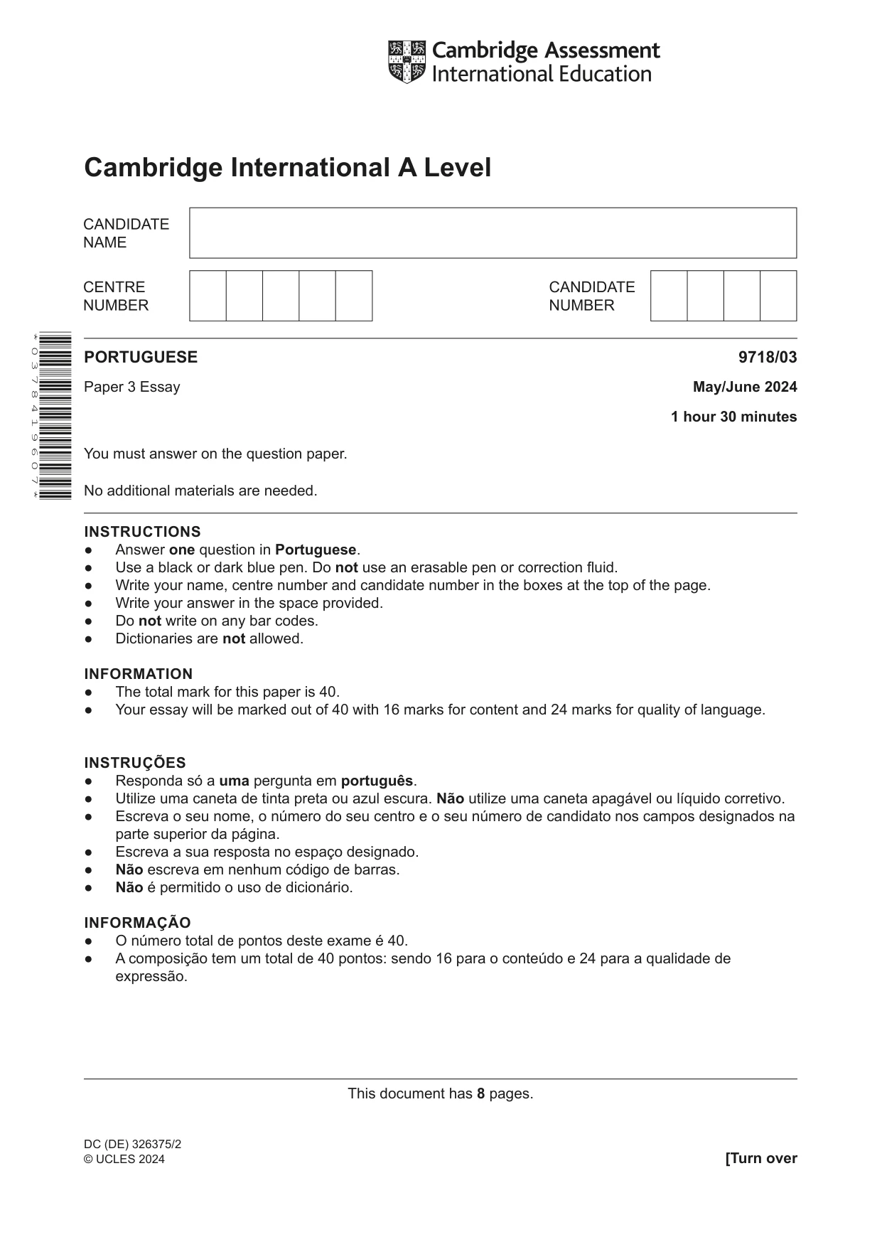 Cambridge A Level Portuguese (A Level only) 9718 2024 May/June Paper 3 · Variant 0 question paper, page 1 of 8