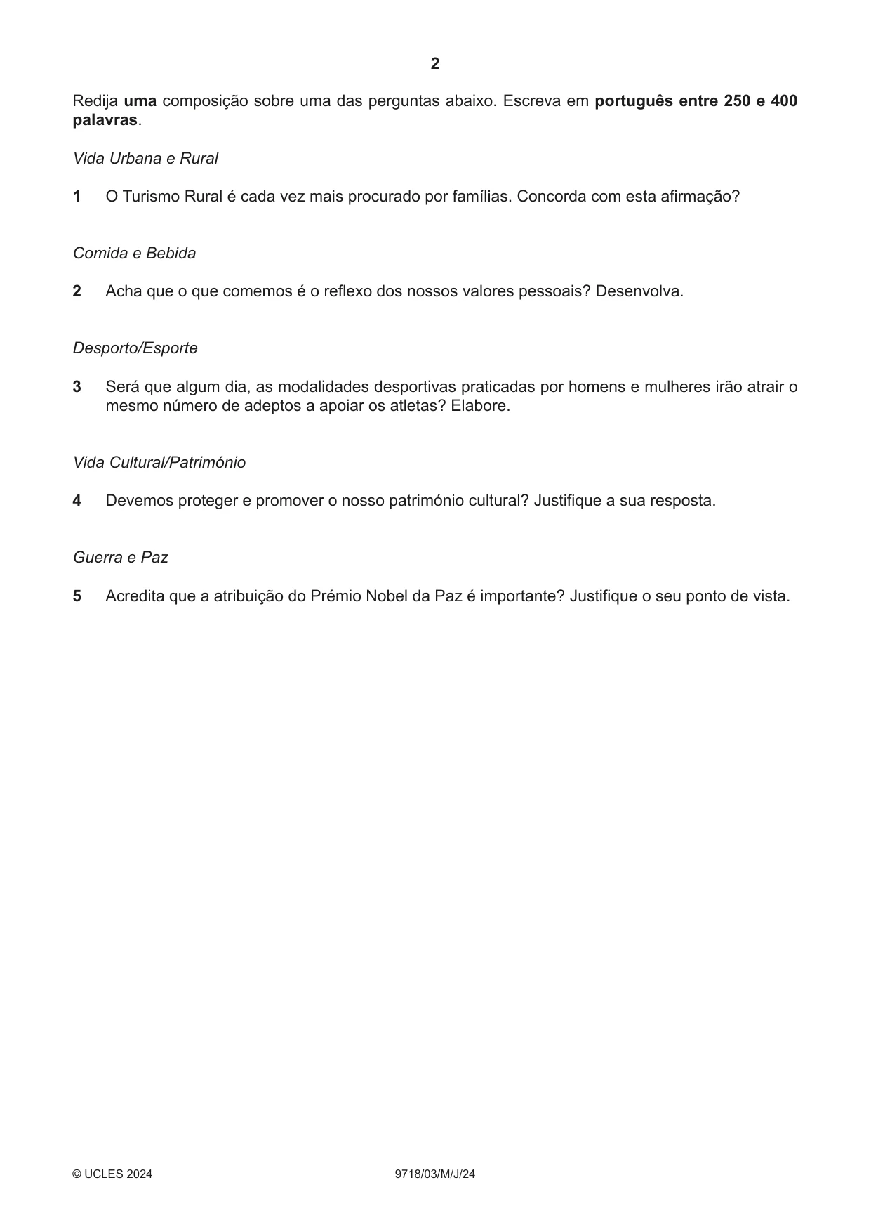 Cambridge A Level Portuguese (A Level only) 9718 2024 May/June Paper 3 · Variant 0 question paper, page 2 of 8
