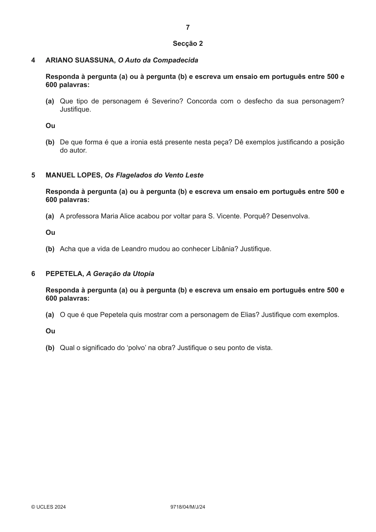 Cambridge A Level Portuguese (A Level only) 9718 2024 May/June Paper 4 · Variant 0 question paper, page 7 of 8