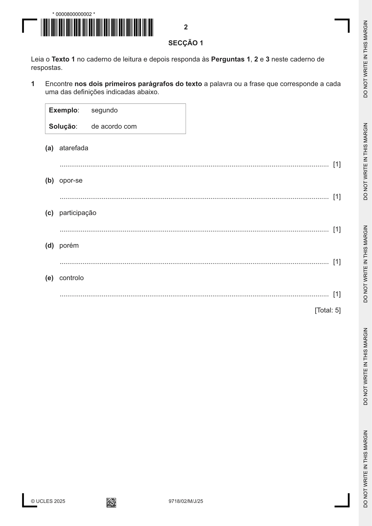 Cambridge A Level Portuguese (A Level only) 9718 2025 May/June Paper 2 · Variant 0 question paper, page 2 of 12