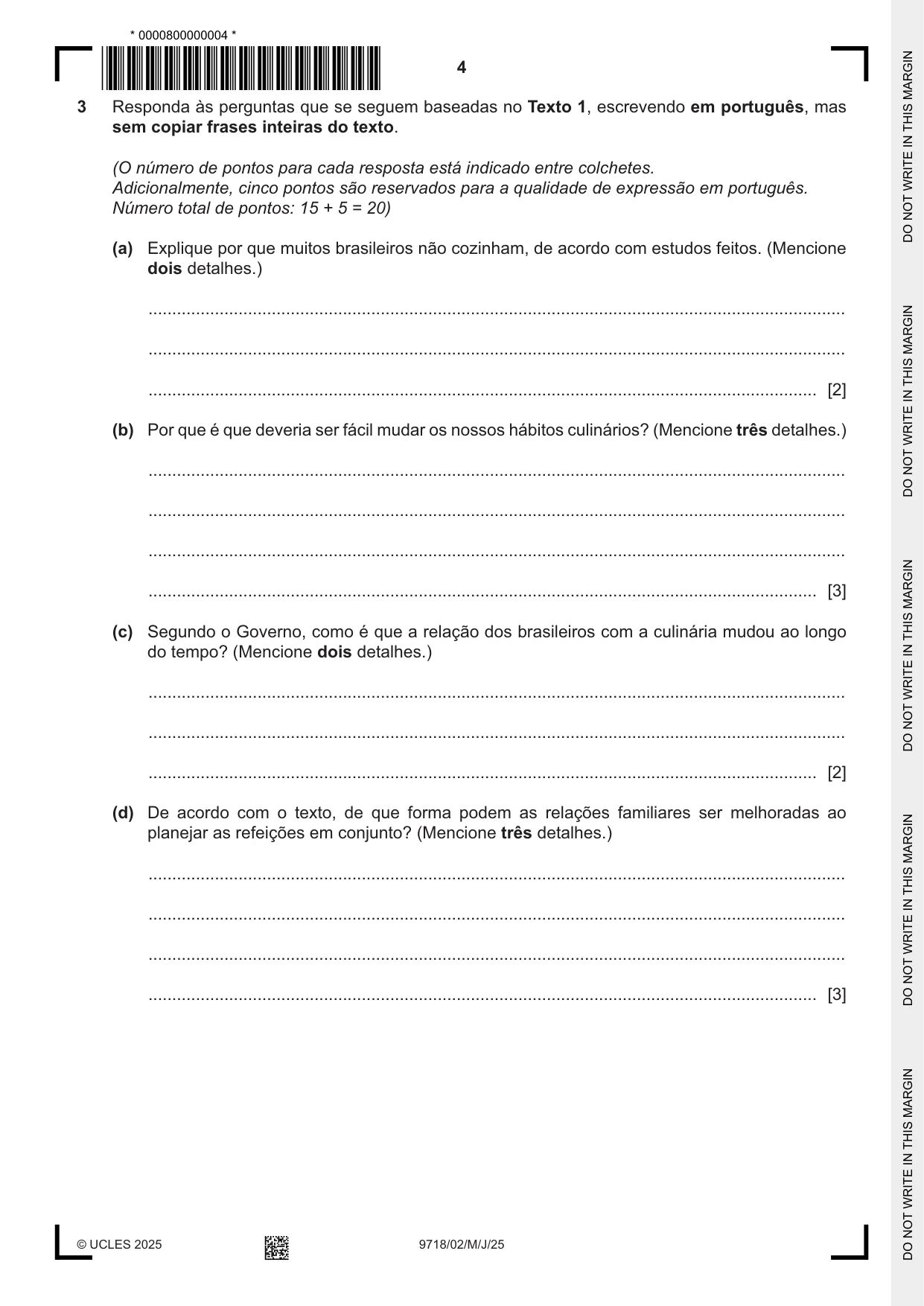 Cambridge A Level Portuguese (A Level only) 9718 2025 May/June Paper 2 · Variant 0 question paper, page 4 of 12