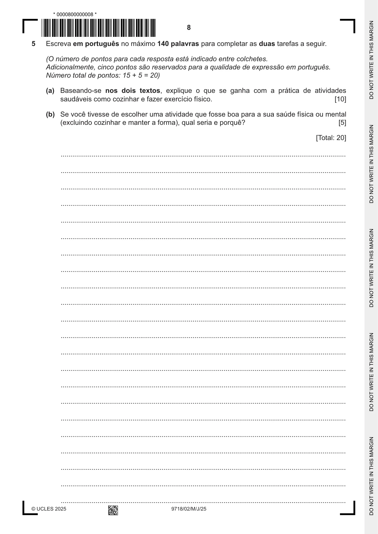 Cambridge A Level Portuguese (A Level only) 9718 2025 May/June Paper 2 · Variant 0 question paper, page 8 of 12