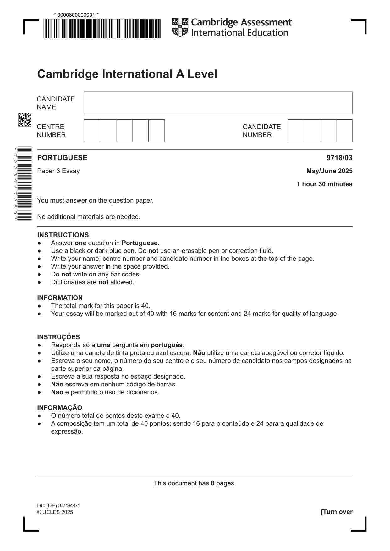 Cambridge A Level Portuguese (A Level only) 9718 2025 May/June Paper 3 · Variant 0 question paper, page 1 of 8