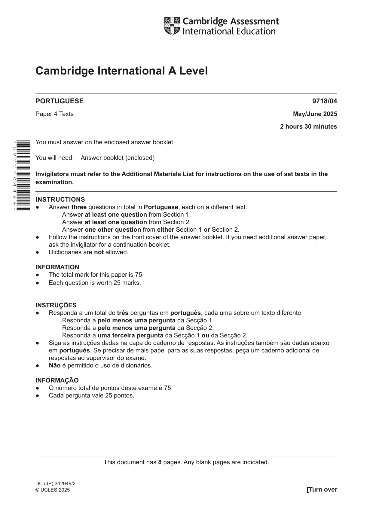 Cambridge A Level Portuguese (A Level only) 9718 2025 May/June Paper 4 · Variant 0 question paper, page 1 of 8