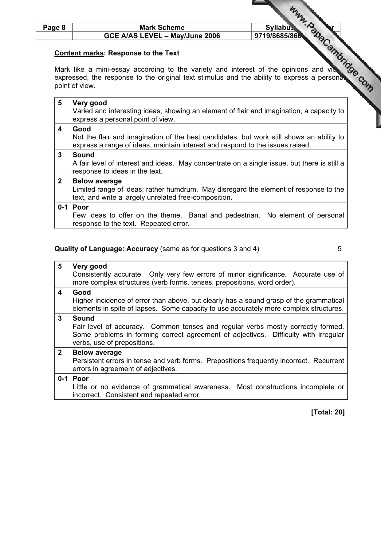 Mark scheme, page 8 of 8