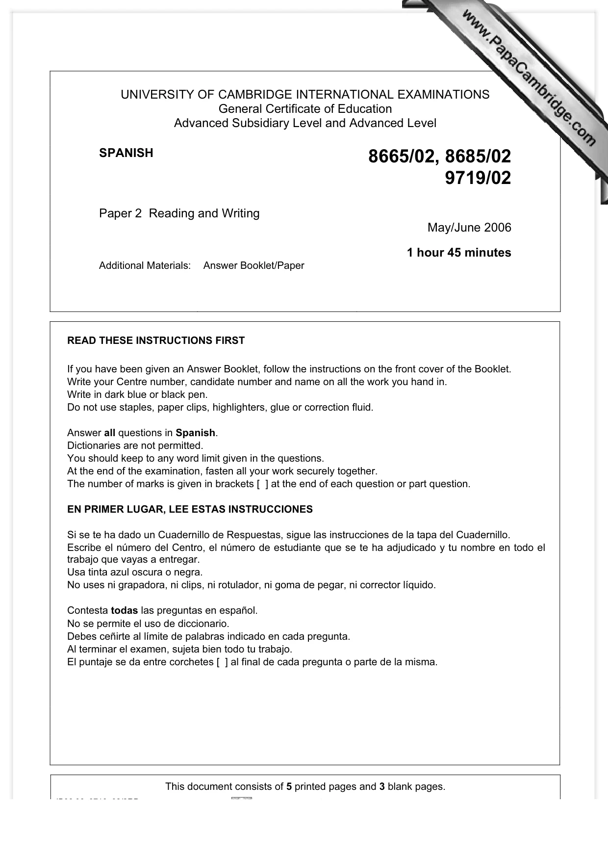 Cambridge A Level Spanish (A Level only) 9719 2006 May/June Paper 2 · Variant 1 question paper, page 1 of 8