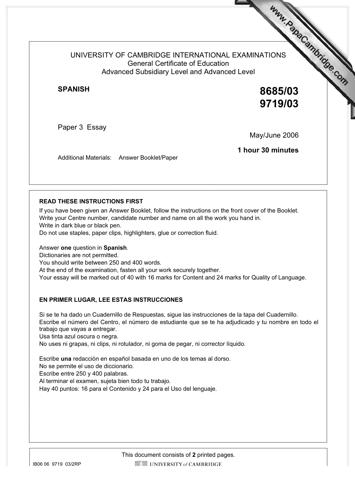 Cambridge A Level Spanish (A Level only) 9719 2006 May/June Paper 3 · Variant 1 question paper, page 1 of 2