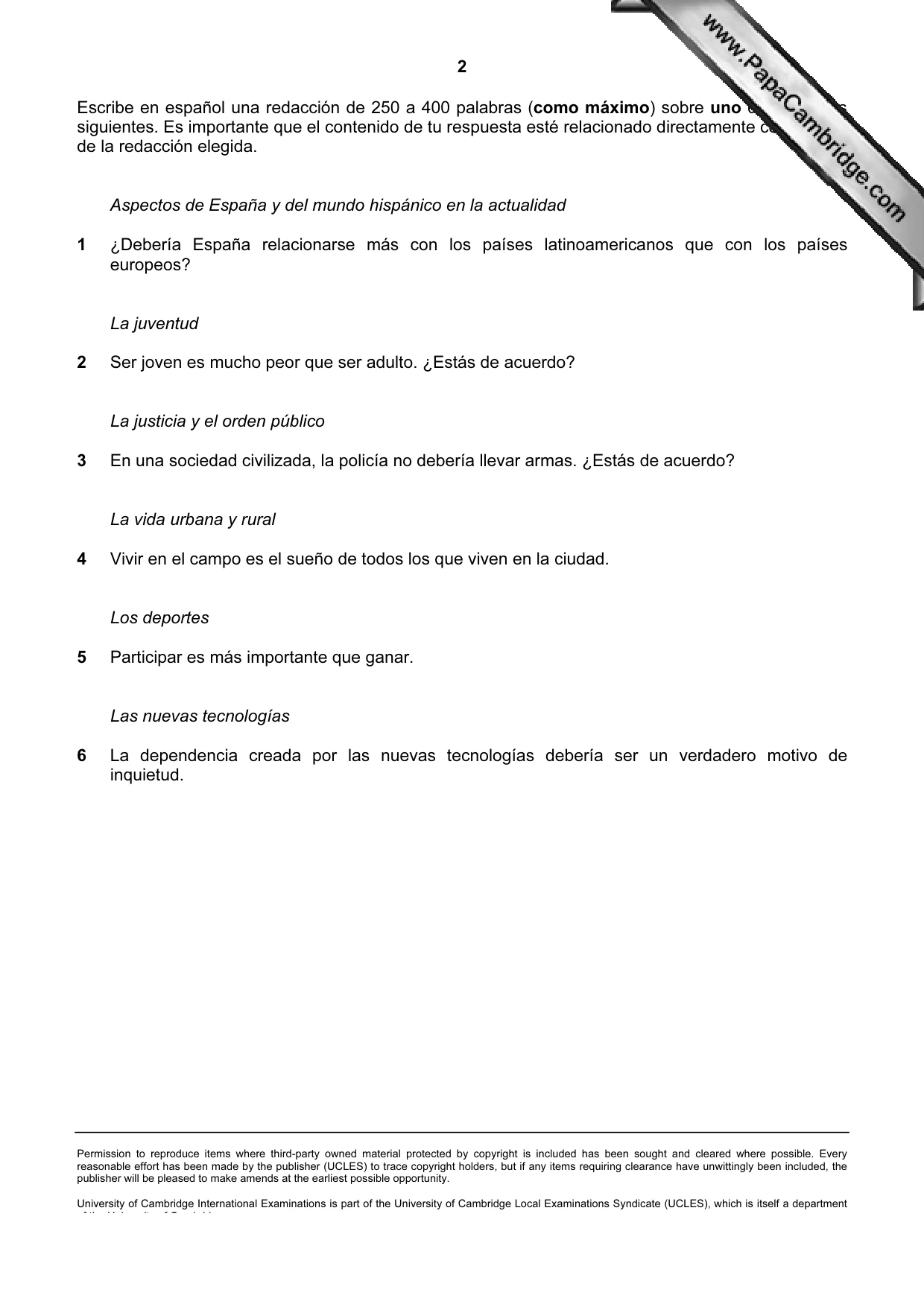 Cambridge A Level Spanish (A Level only) 9719 2006 May/June Paper 3 · Variant 1 question paper, page 2 of 2