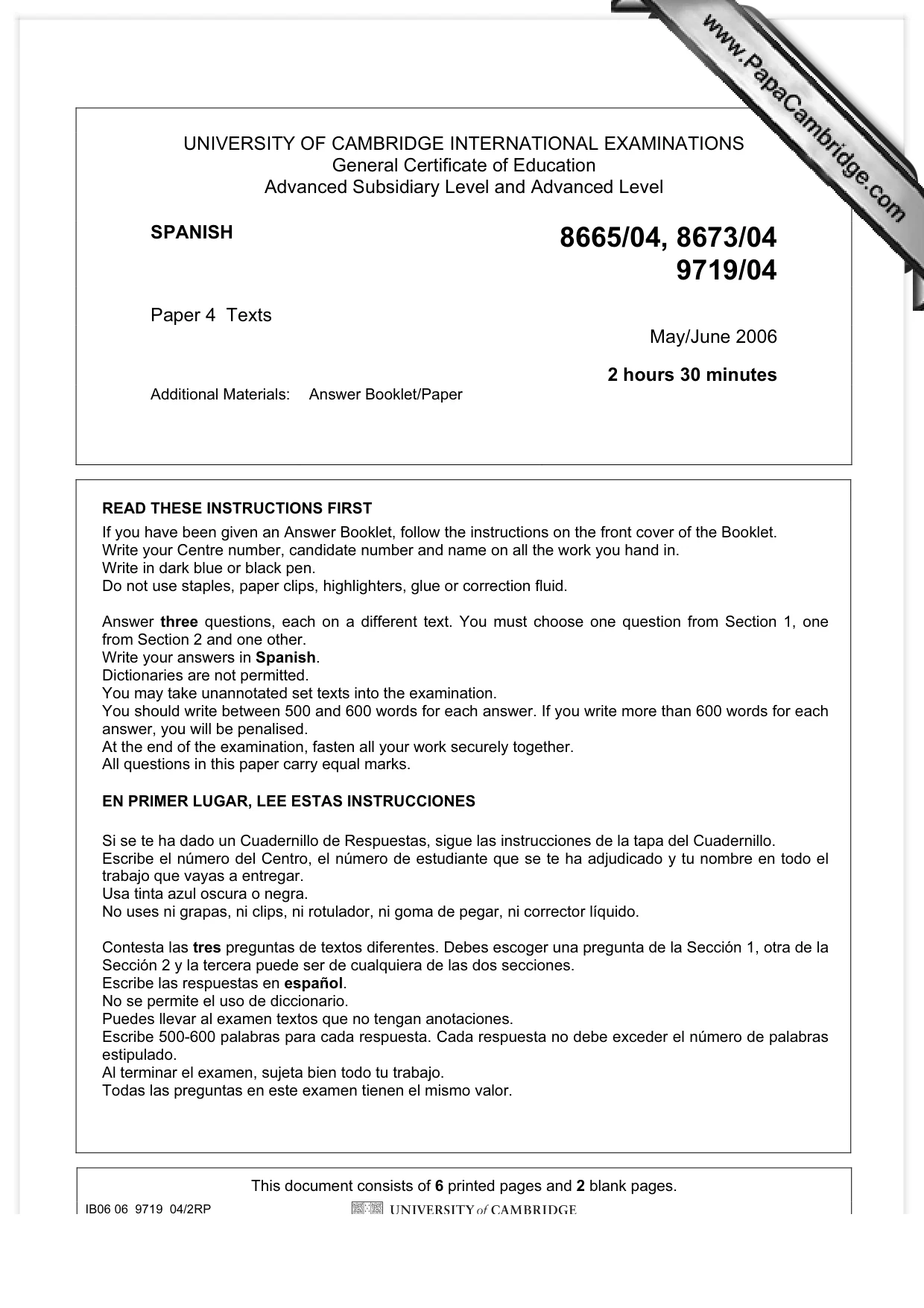 Cambridge A Level Spanish (A Level only) 9719 2006 May/June Paper 4 · Variant 1 question paper, page 1 of 7