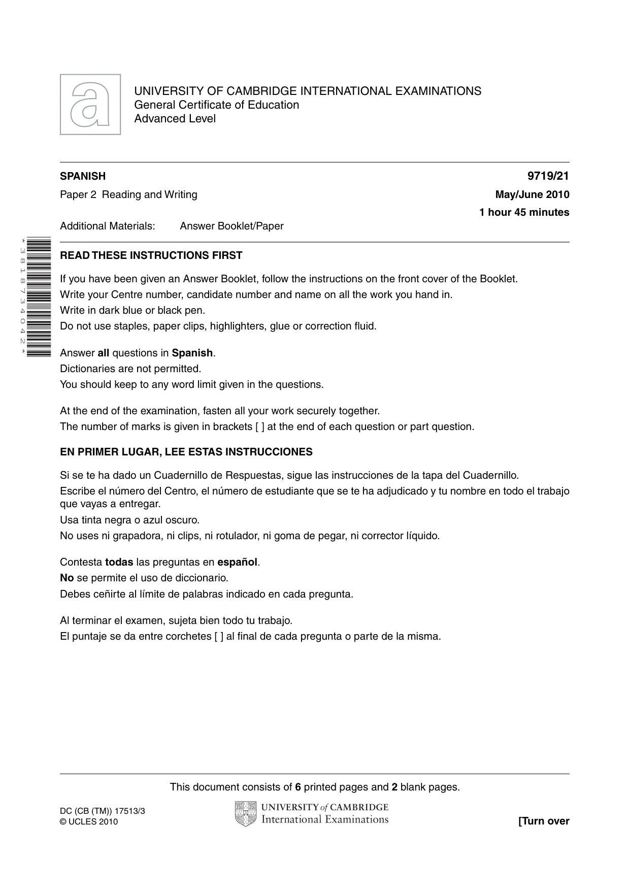 Cambridge A Level Spanish (A Level only) 9719 2010 May/June Paper 2 · Variant 1 question paper, page 1 of 8