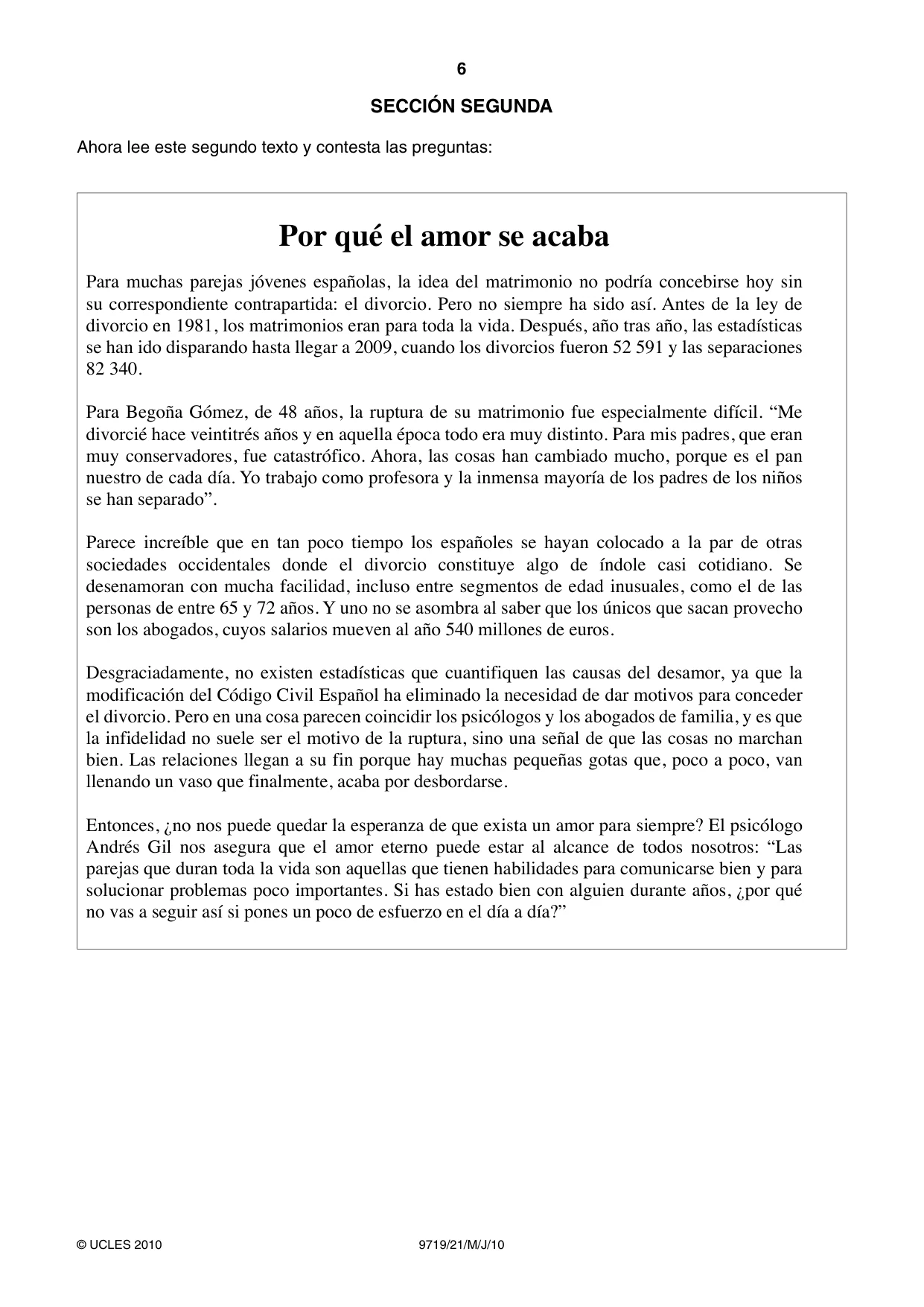 Cambridge A Level Spanish (A Level only) 9719 2010 May/June Paper 2 · Variant 1 question paper, page 6 of 8