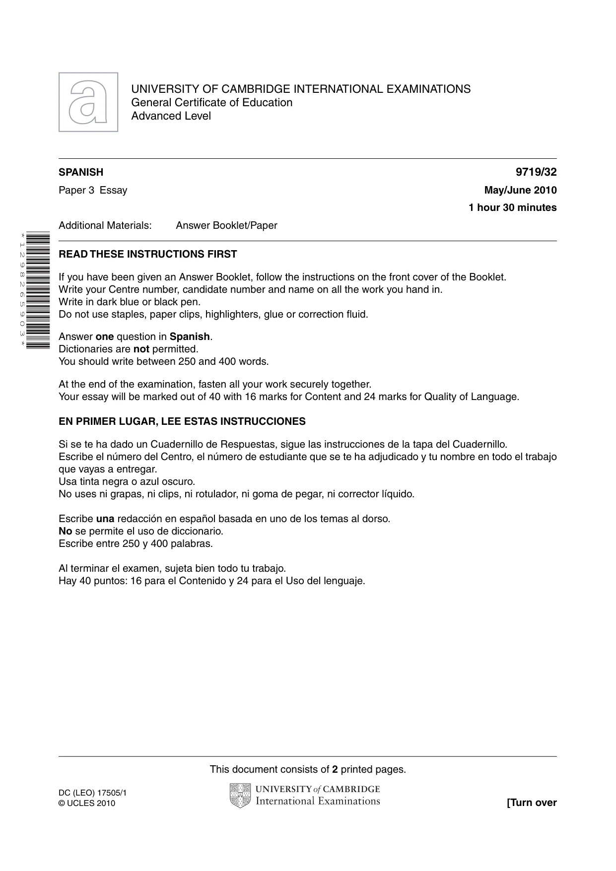 Cambridge A Level Spanish (A Level only) 9719 2010 May/June Paper 3 · Variant 2 question paper, page 1 of 2