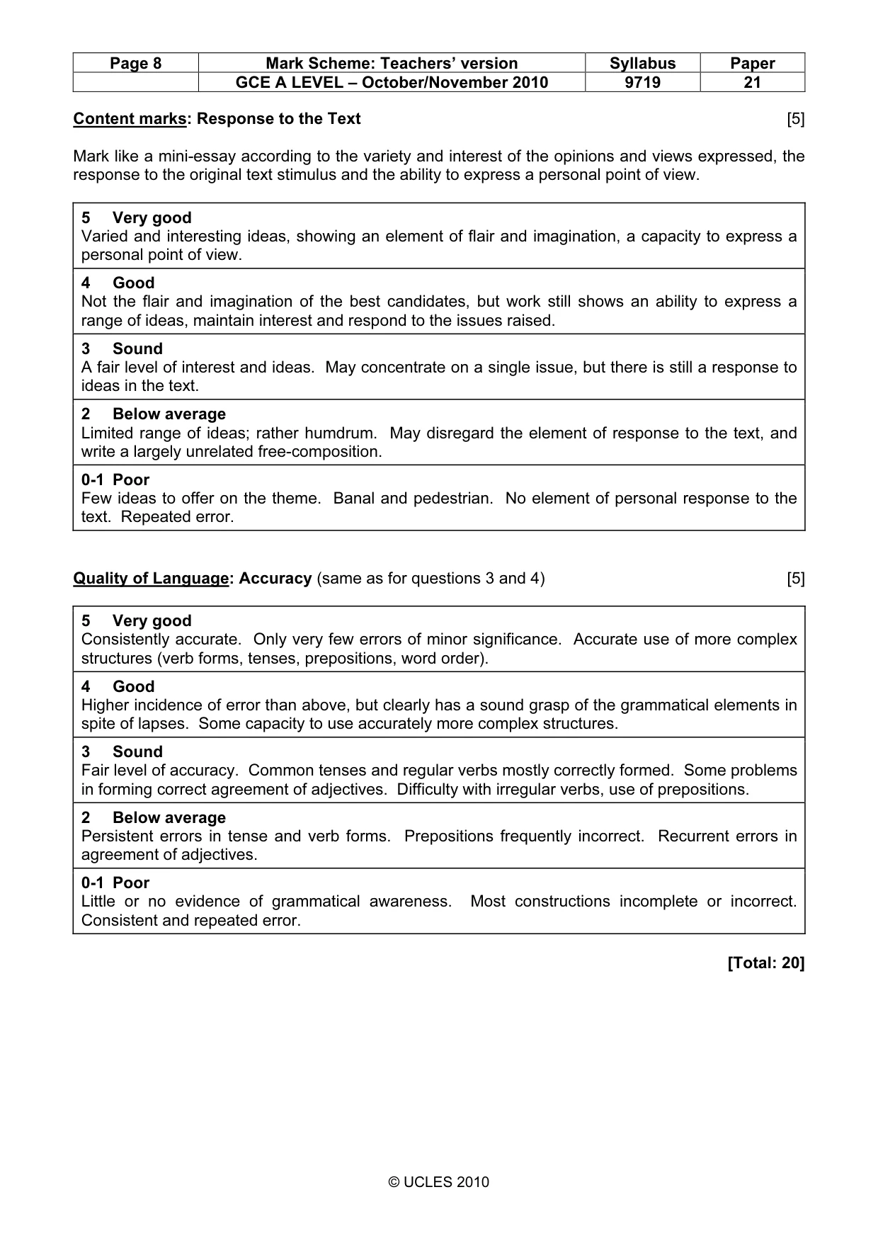 Mark scheme, page 8 of 8