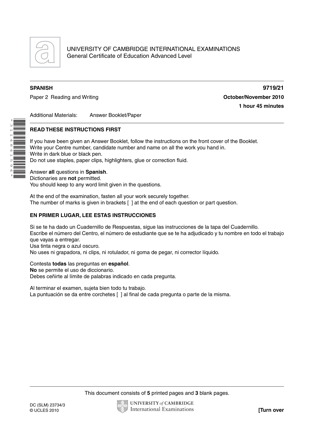 Cambridge A Level Spanish (A Level only) 9719 2010 Oct/Nov Paper 2 · Variant 1 question paper, page 1 of 8