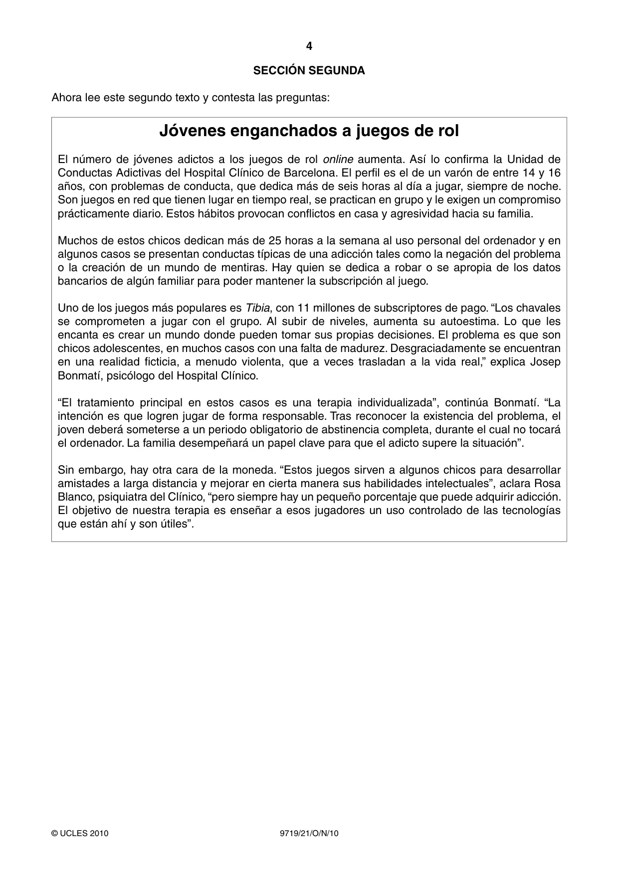 Cambridge A Level Spanish (A Level only) 9719 2010 Oct/Nov Paper 2 · Variant 1 question paper, page 4 of 8