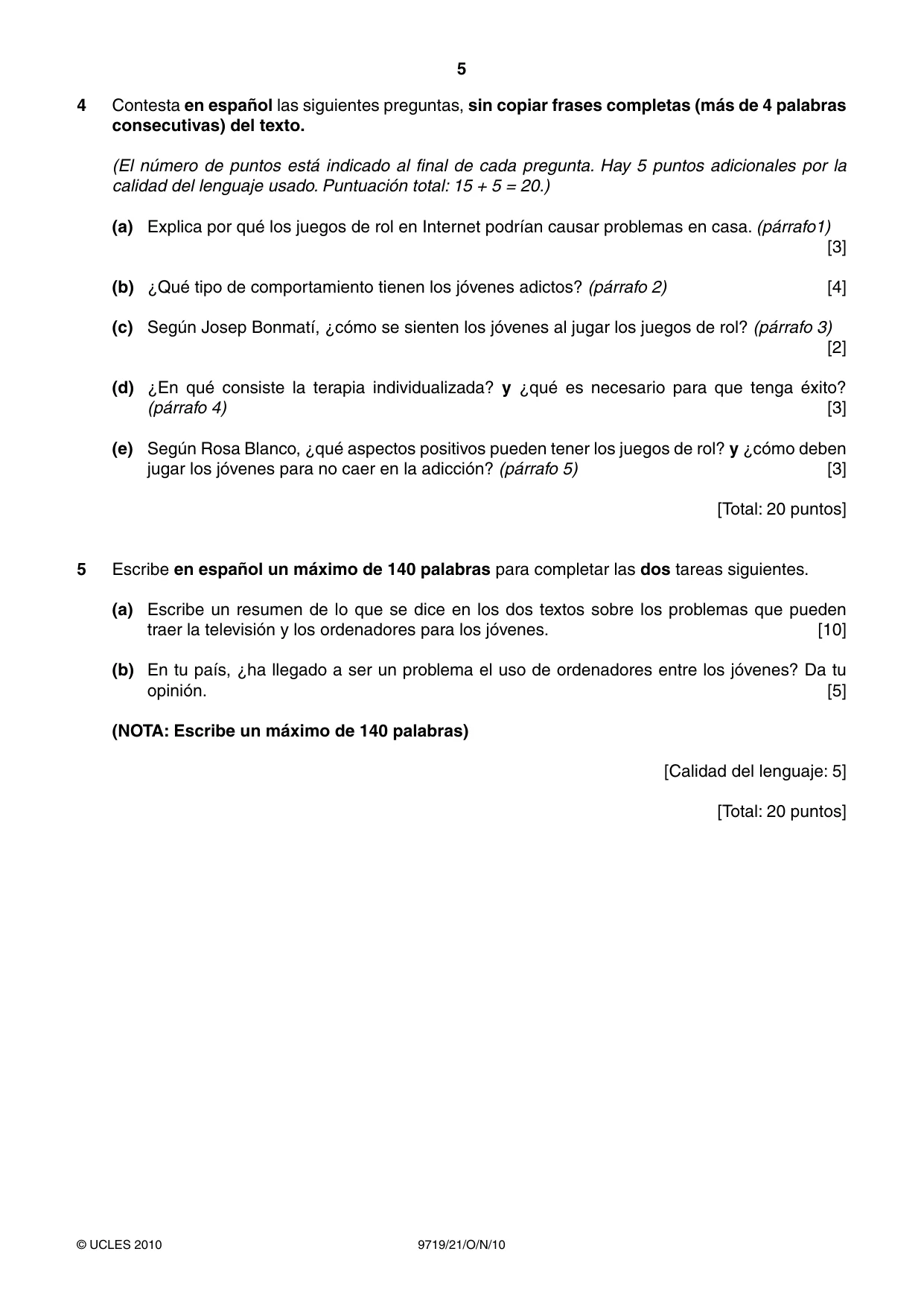 Cambridge A Level Spanish (A Level only) 9719 2010 Oct/Nov Paper 2 · Variant 1 question paper, page 5 of 8