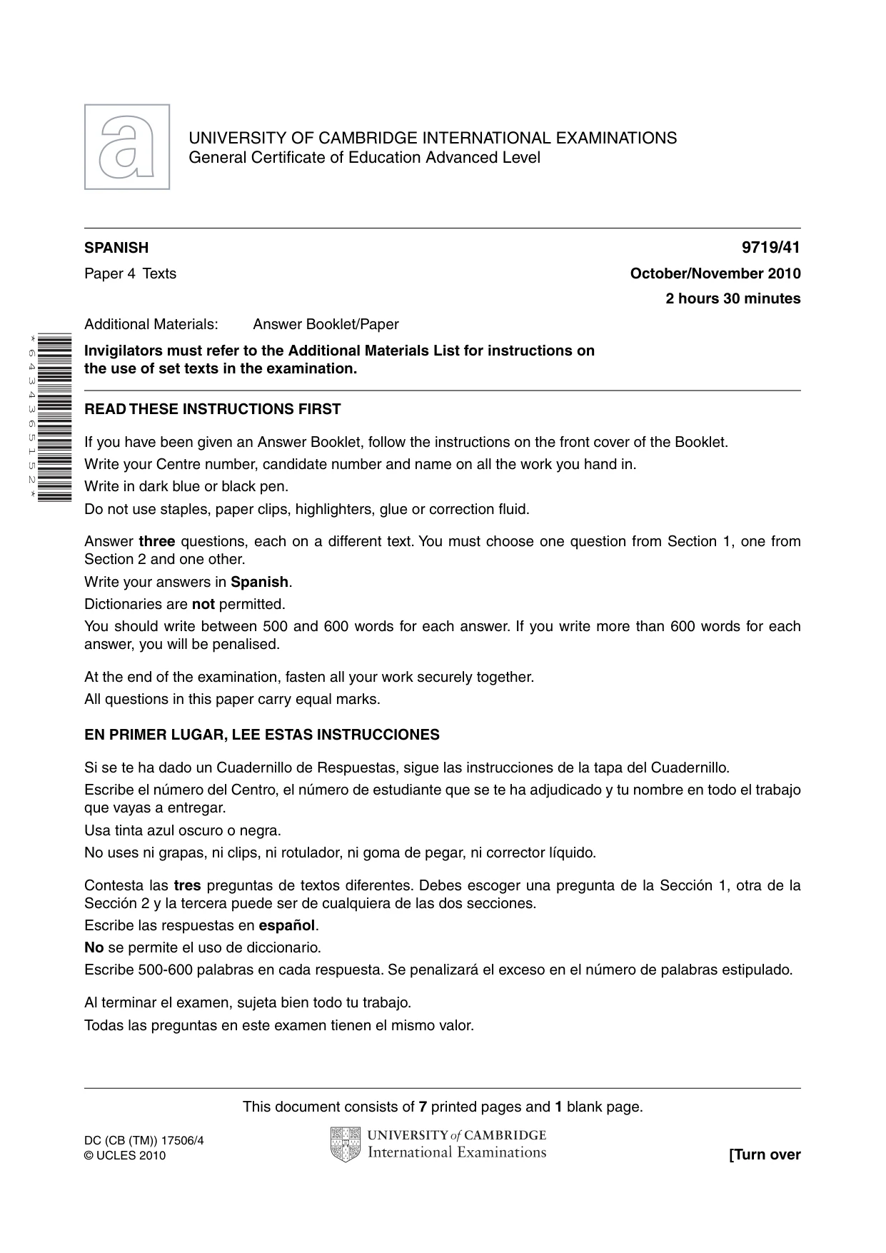 Cambridge A Level Spanish (A Level only) 9719 2010 Oct/Nov Paper 4 · Variant 1 question paper, page 1 of 8